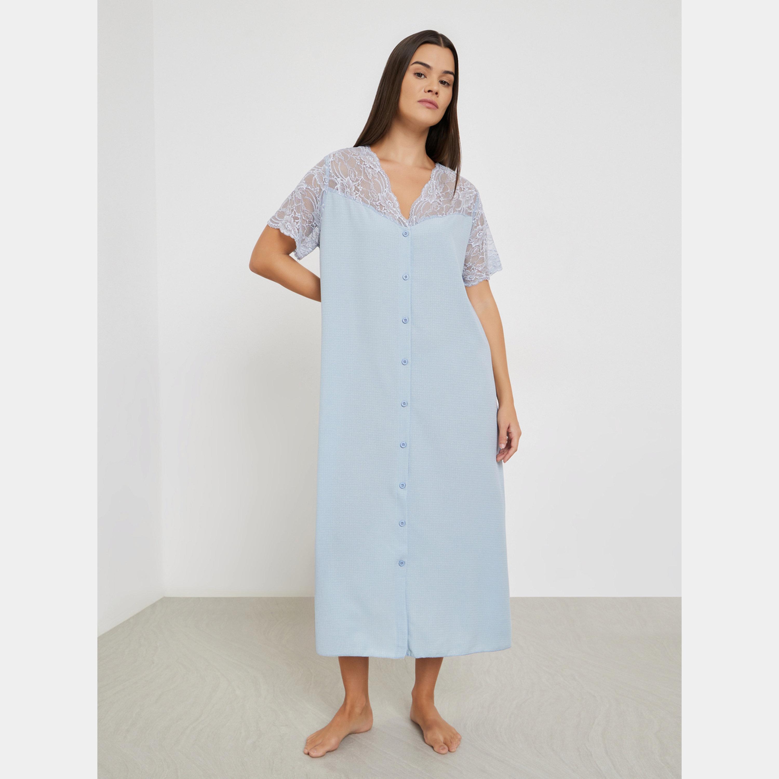 ستايلي - قميص نوم وافل بأزرار وبطانة من الدانتيل-women-clothing-nightwear-nighties-image-1