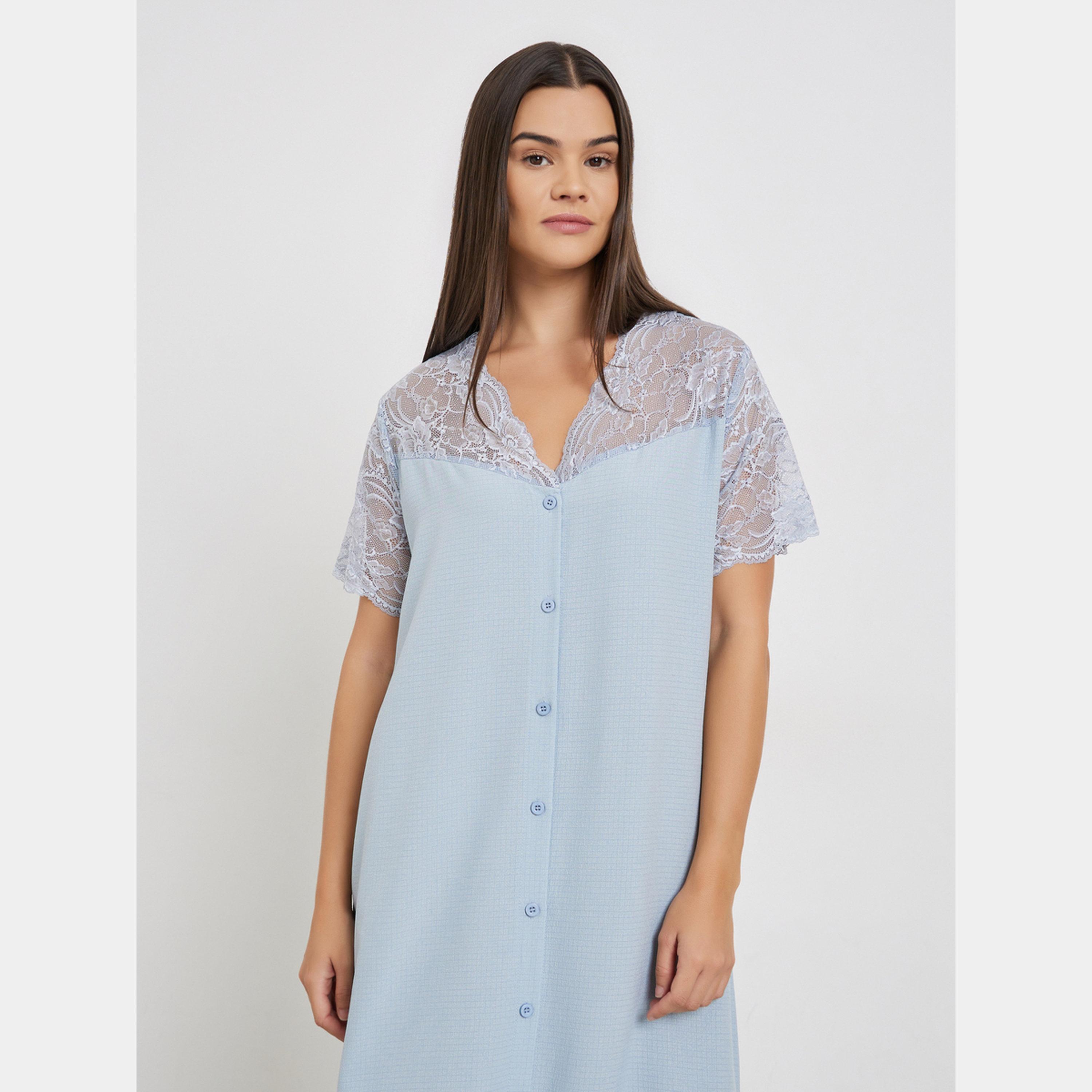 ستايلي - قميص نوم وافل بأزرار وبطانة من الدانتيل-women-clothing-nightwear-nighties-image-2