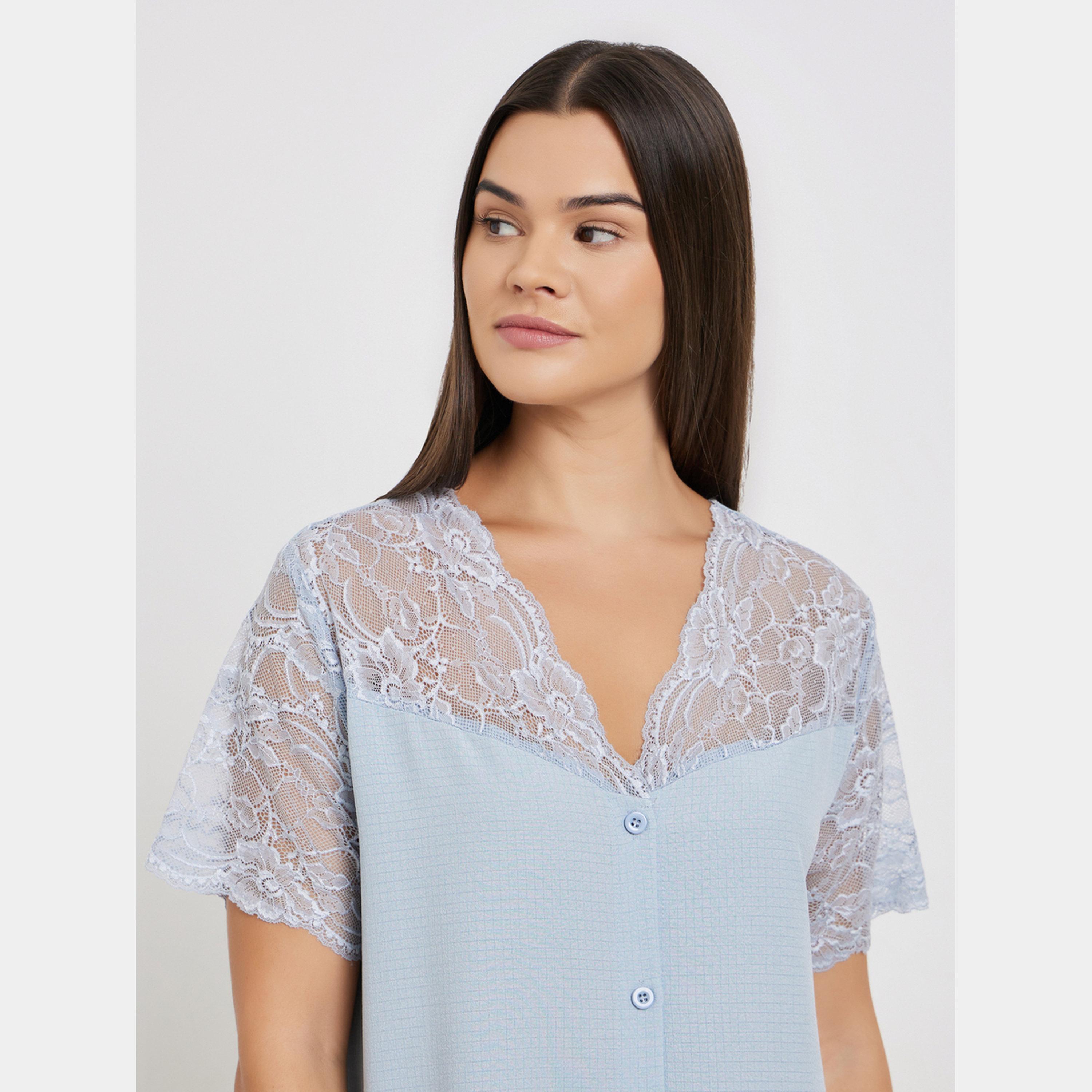 ستايلي - قميص نوم وافل بأزرار وبطانة من الدانتيل-women-clothing-nightwear-nighties-image-3