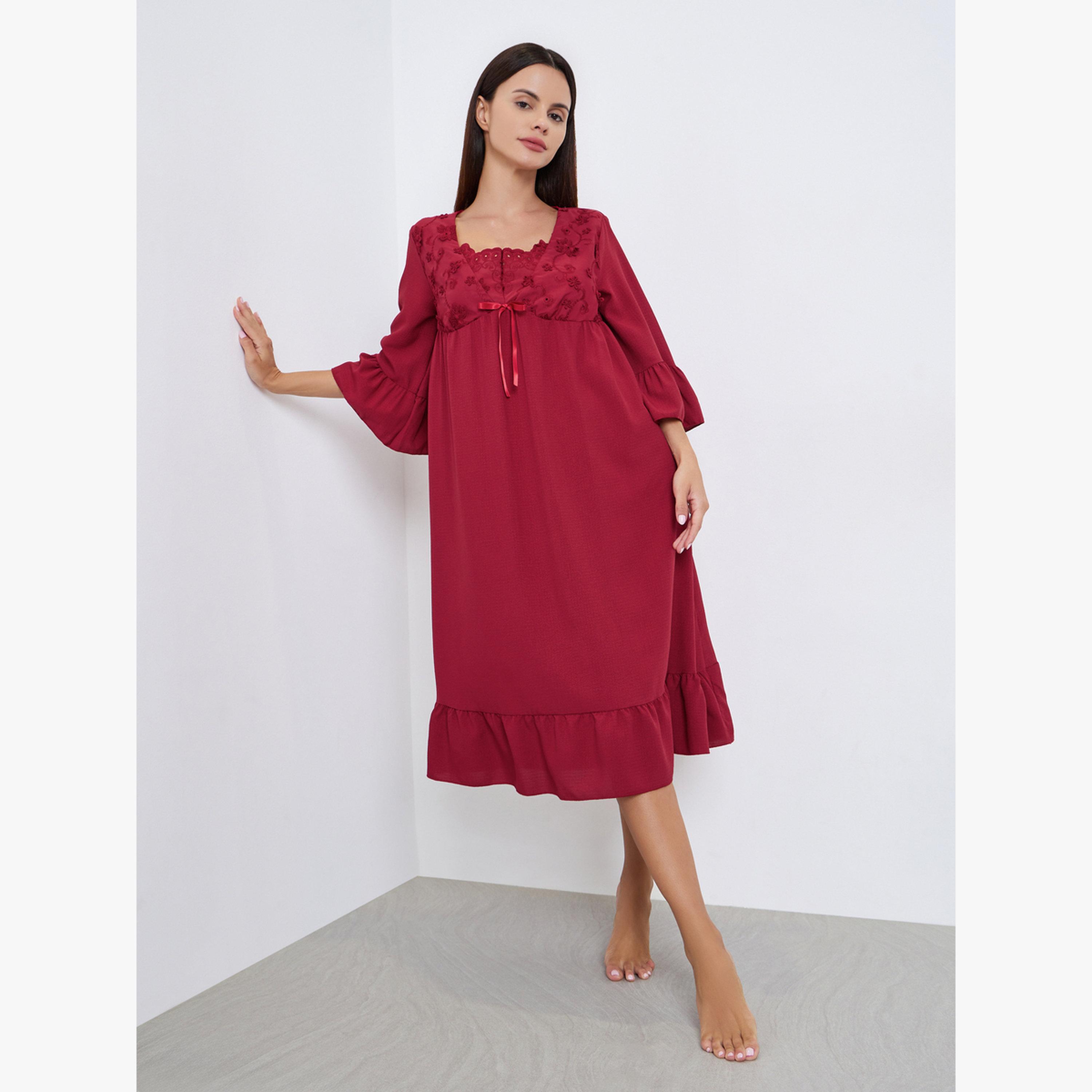 Styli Embroidery Panel 3/4 Sleeve Ruffle Hem Nightdress-women-clothing-nightwear-nighties-image-1