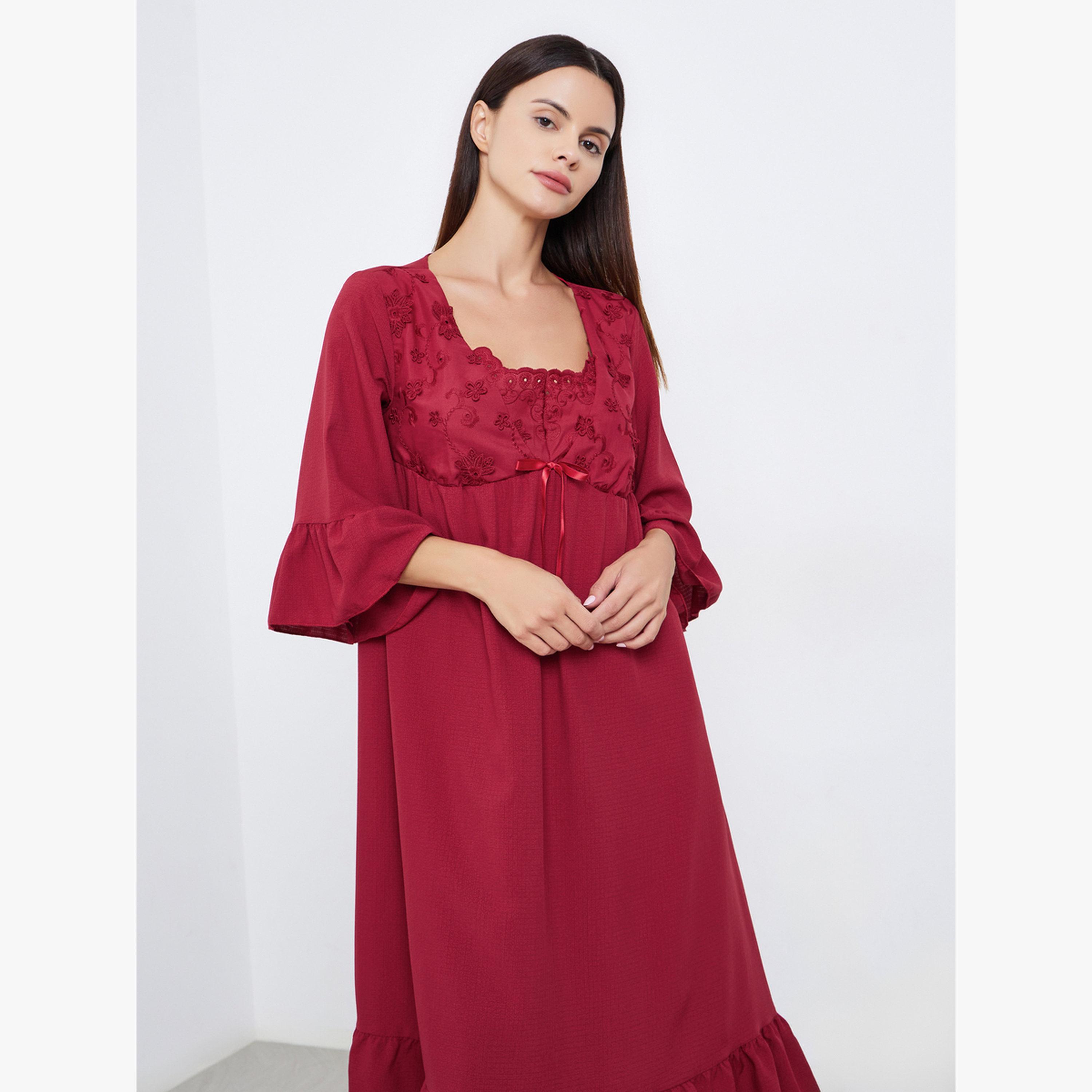Styli Embroidery Panel 3/4 Sleeve Ruffle Hem Nightdress-women-clothing-nightwear-nighties-image-2