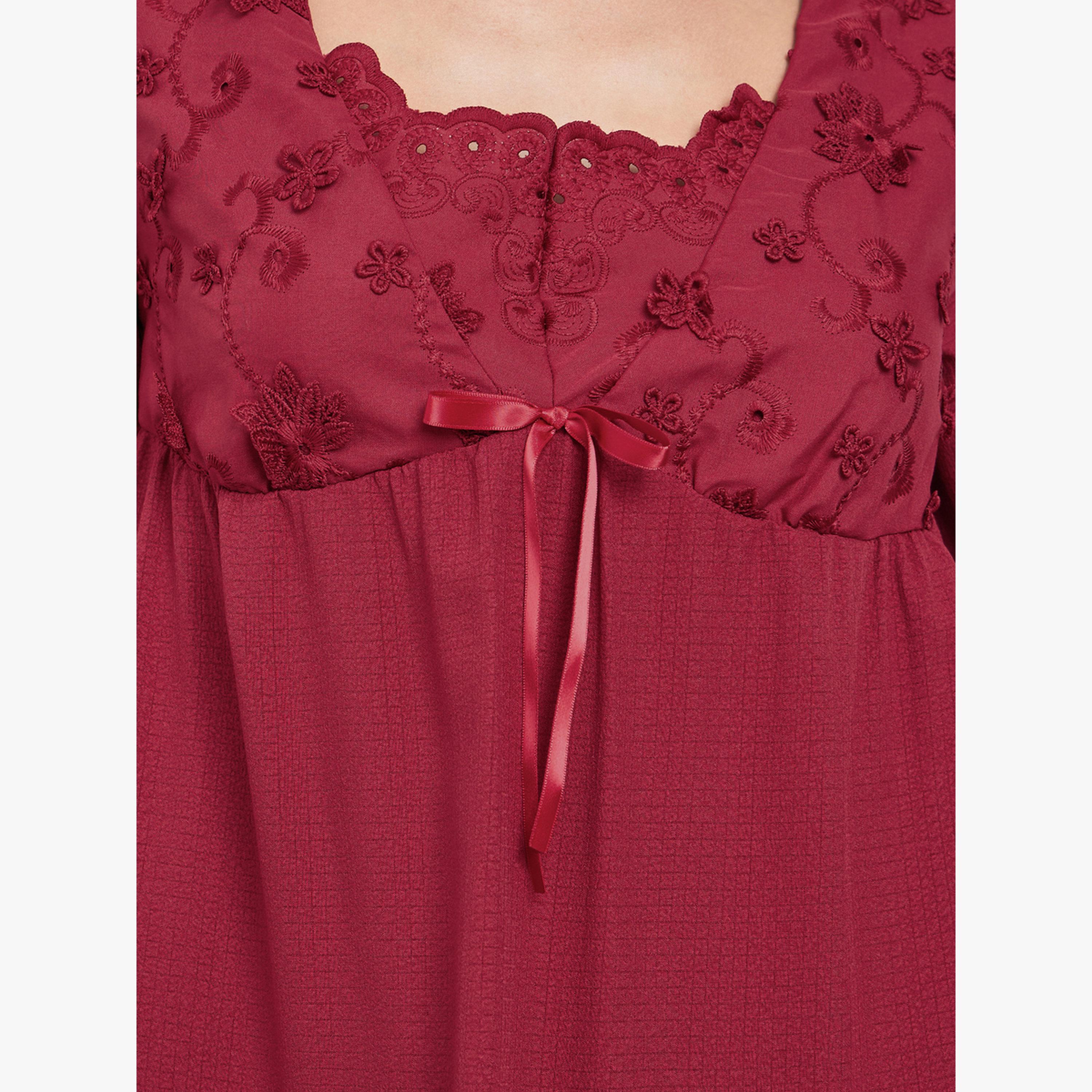 Styli Embroidery Panel 3/4 Sleeve Ruffle Hem Nightdress-women-clothing-nightwear-nighties-image-4