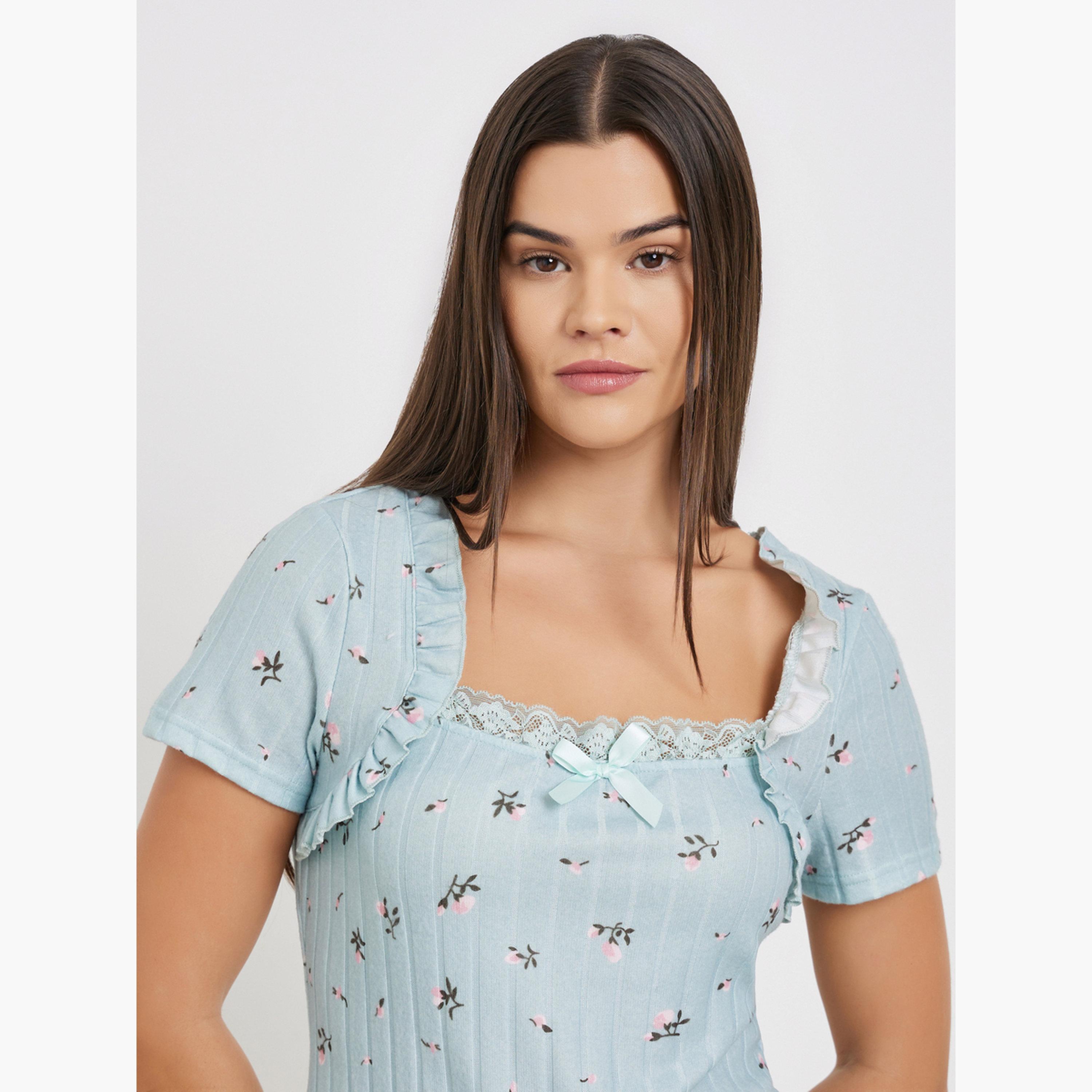 ستايلي - بيجاما نقشة زهور صغيرة حافة متموّجة وأكمام قصيرة واسعة-women-clothing-nightwear-pyjamas-longsets-image-4