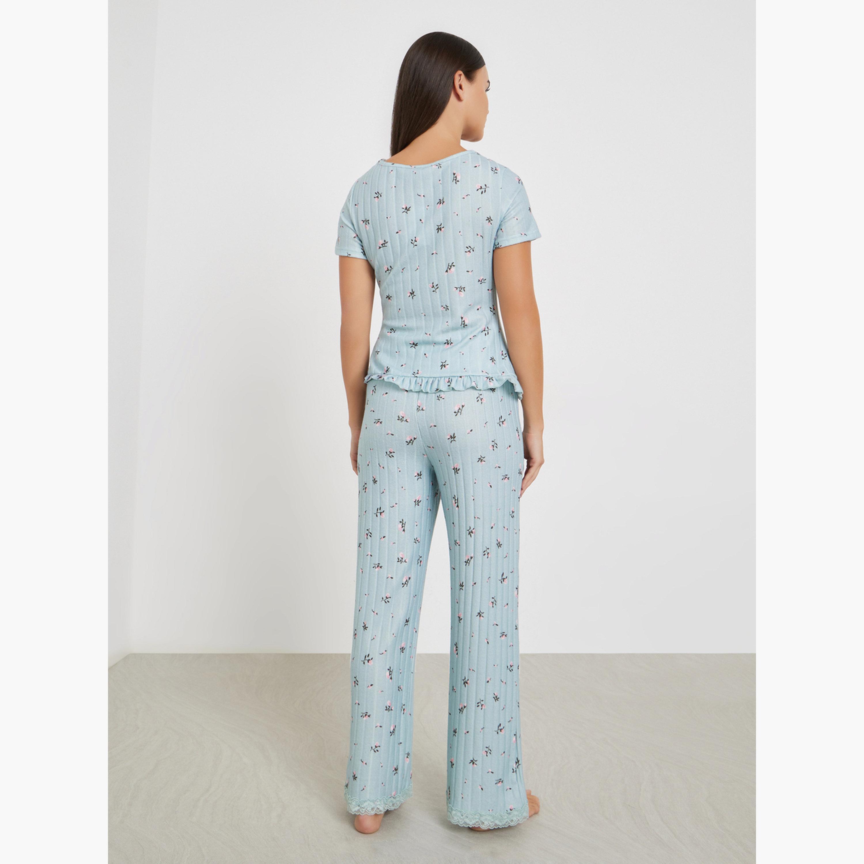 ستايلي - بيجاما نقشة زهور صغيرة حافة متموّجة وأكمام قصيرة واسعة-women-clothing-nightwear-pyjamas-longsets-image-6