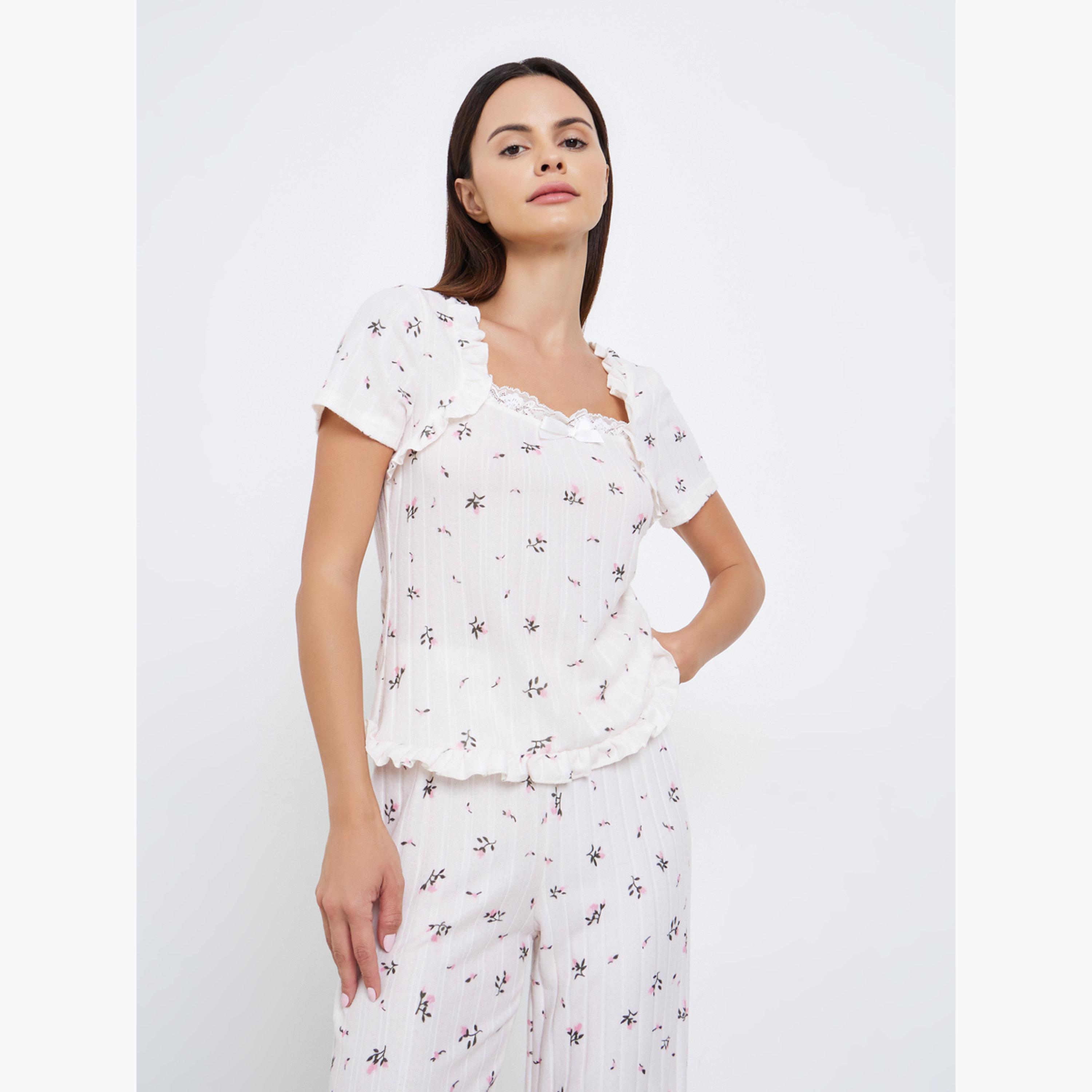 ستايلي - بيجاما نقشة زهور صغيرة حافة متموّجة وأكمام قصيرة واسعة-women-clothing-nightwear-pyjamas-longsets-image-2