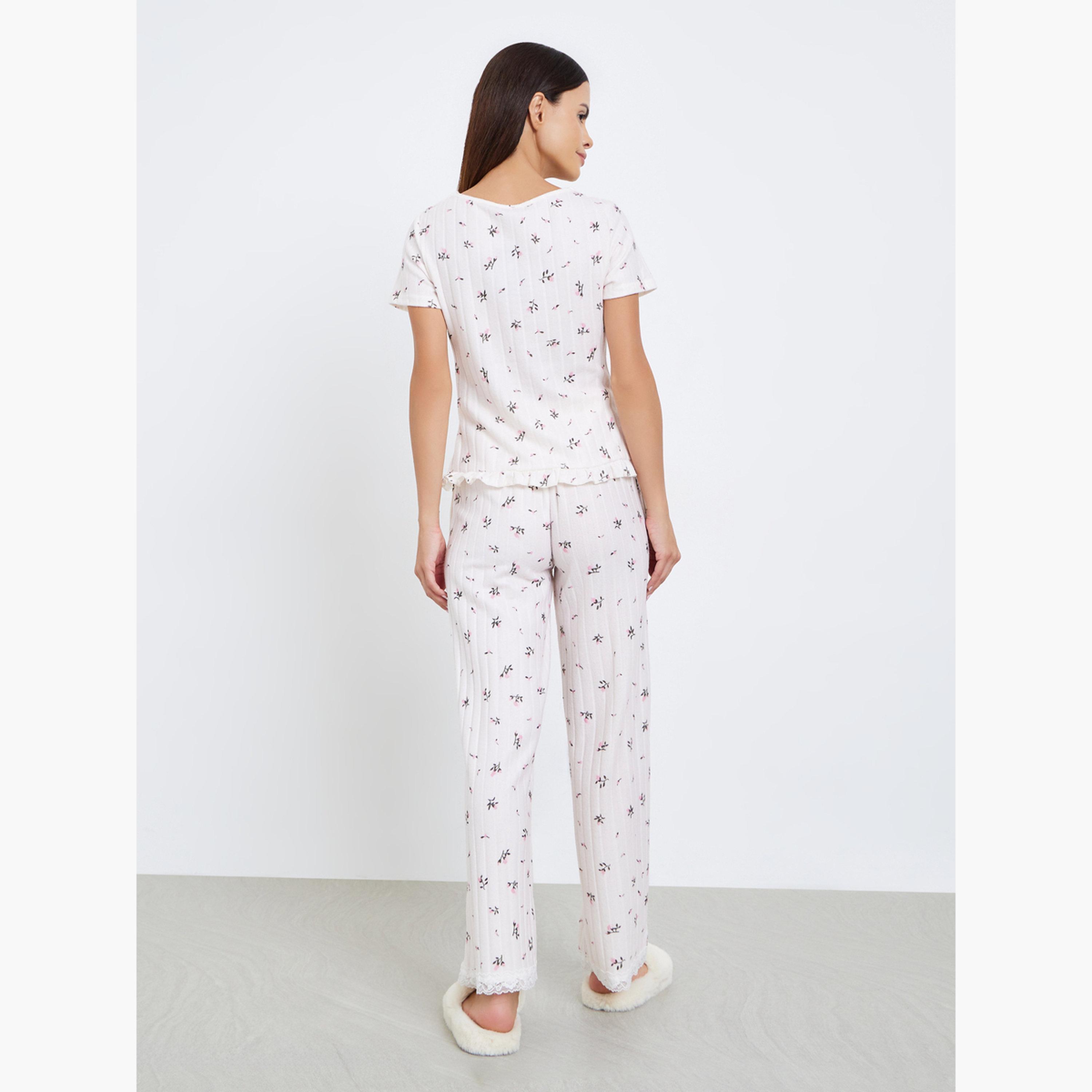 ستايلي - بيجاما نقشة زهور صغيرة حافة متموّجة وأكمام قصيرة واسعة-women-clothing-nightwear-pyjamas-longsets-image-3