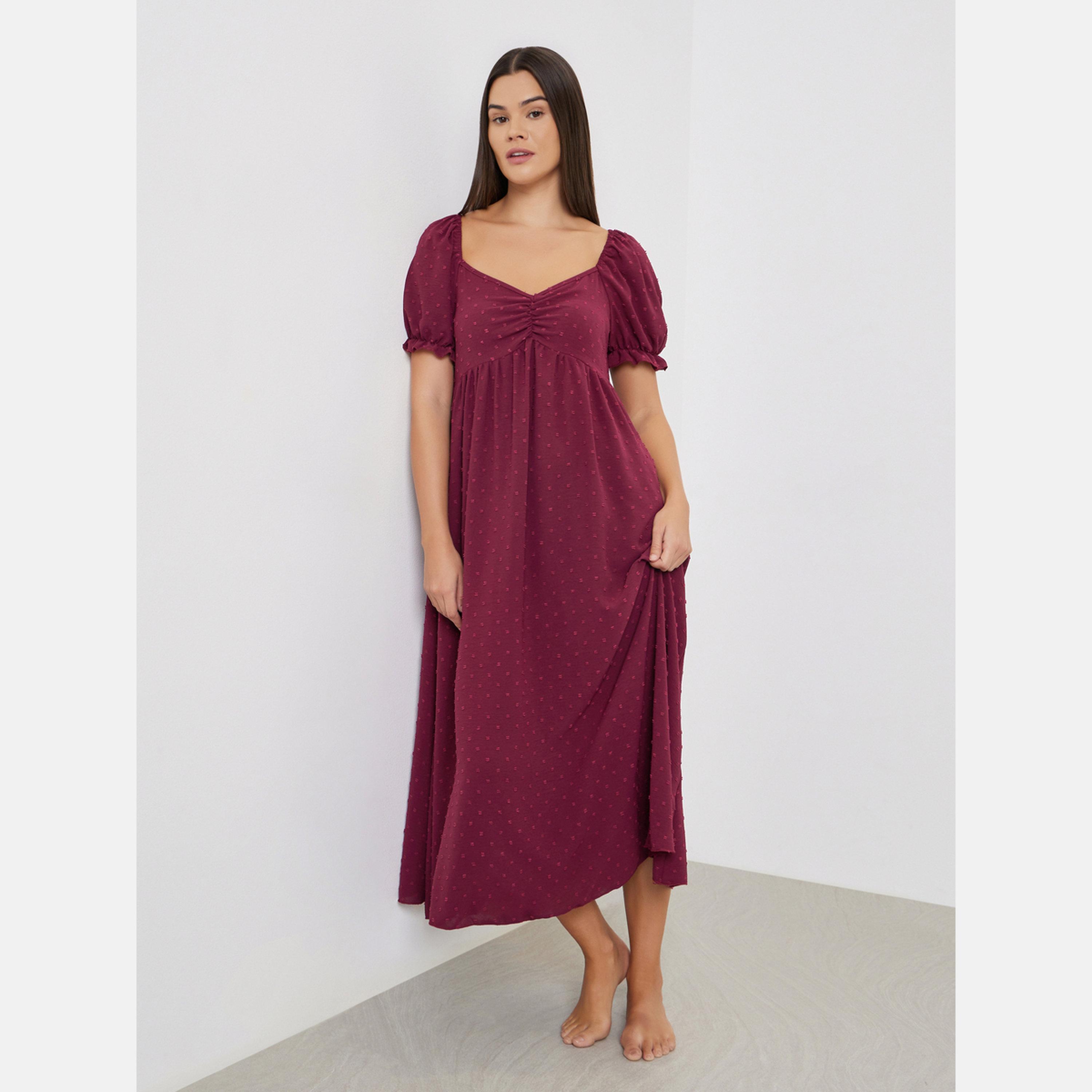 Styli Dobby Pattern Ruched V Neck Nightdress with Puff Sleeves-women-clothing-nightwear-nighties-image-1