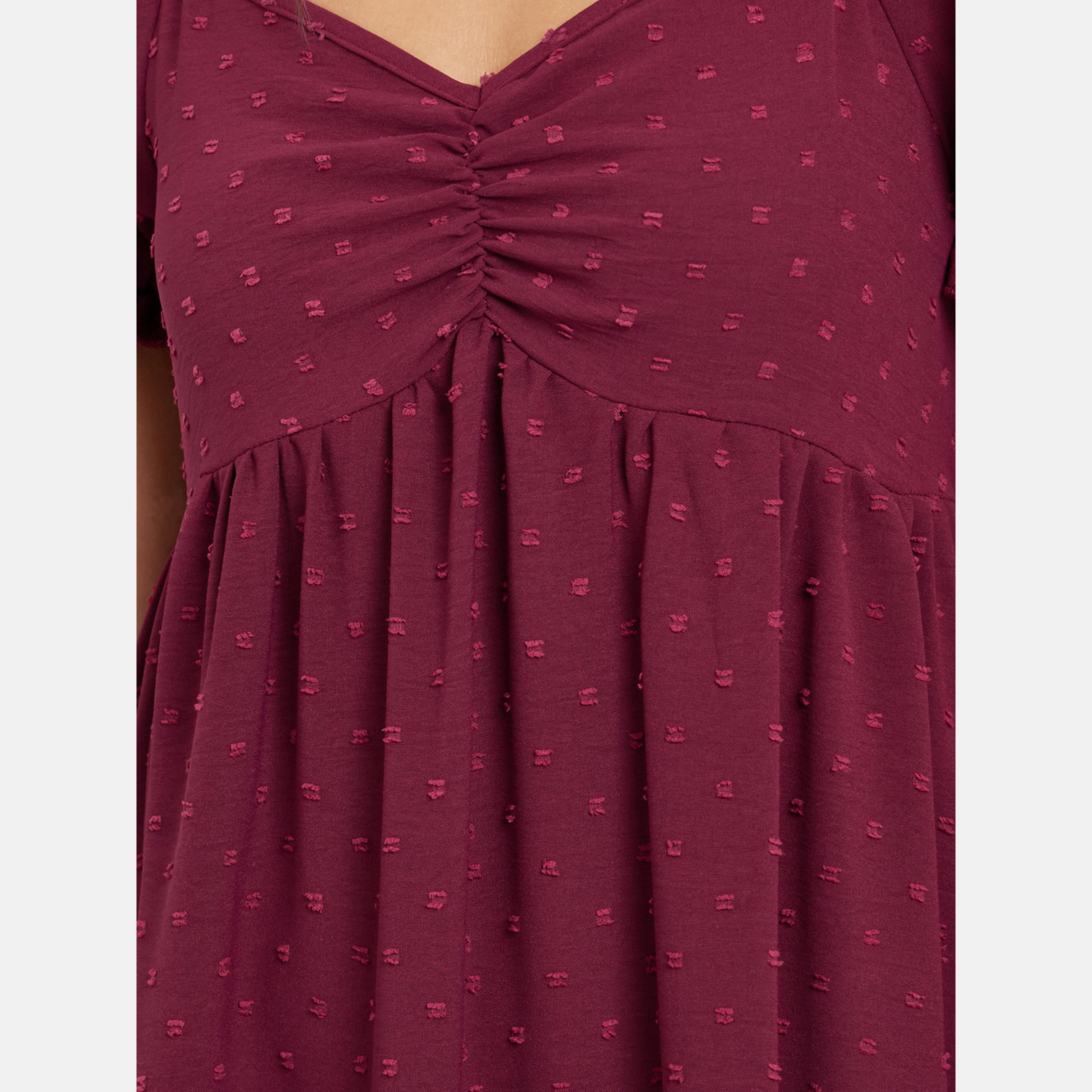 Styli Dobby Pattern Ruched V Neck Nightdress with Puff Sleeves-women-clothing-nightwear-nighties-image-3