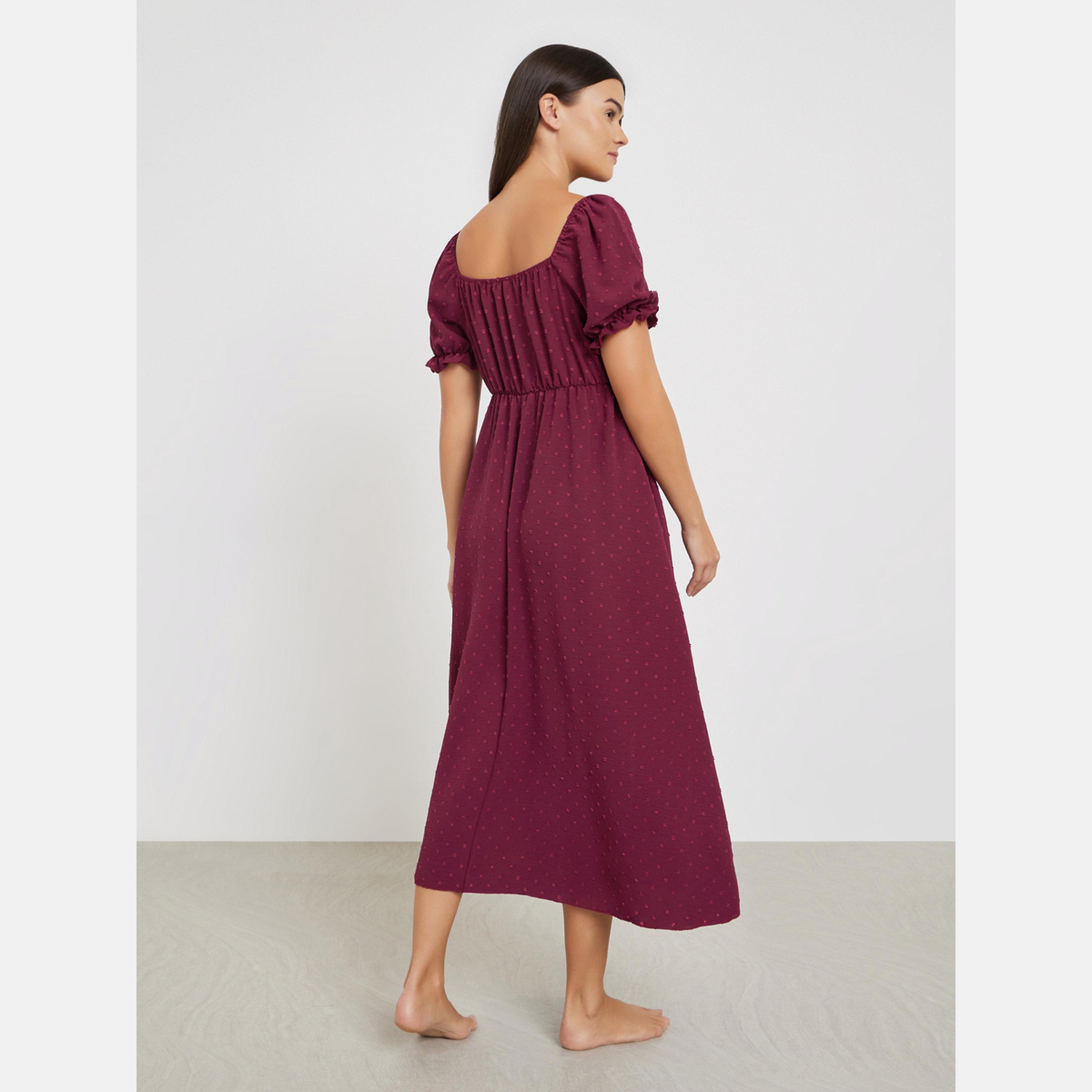 Styli Dobby Pattern Ruched V Neck Nightdress with Puff Sleeves-women-clothing-nightwear-nighties-image-4
