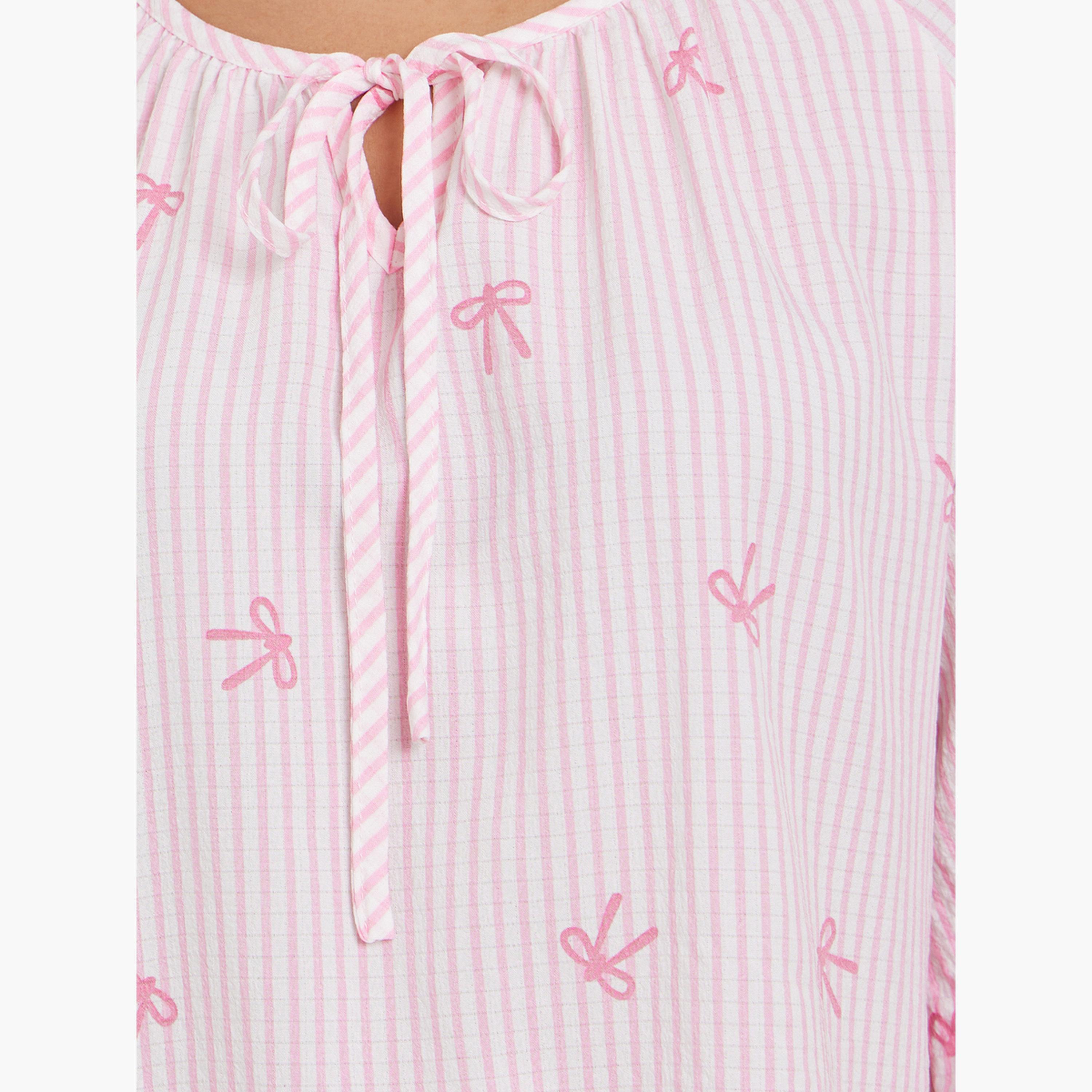 ستايلي - بيجاما ببلوزة برقبة قابلة للربط وببطبعة خطوط وأقواس تغطيها بالكامل-women-clothing-nightwear-pyjamas-longsets-image-6