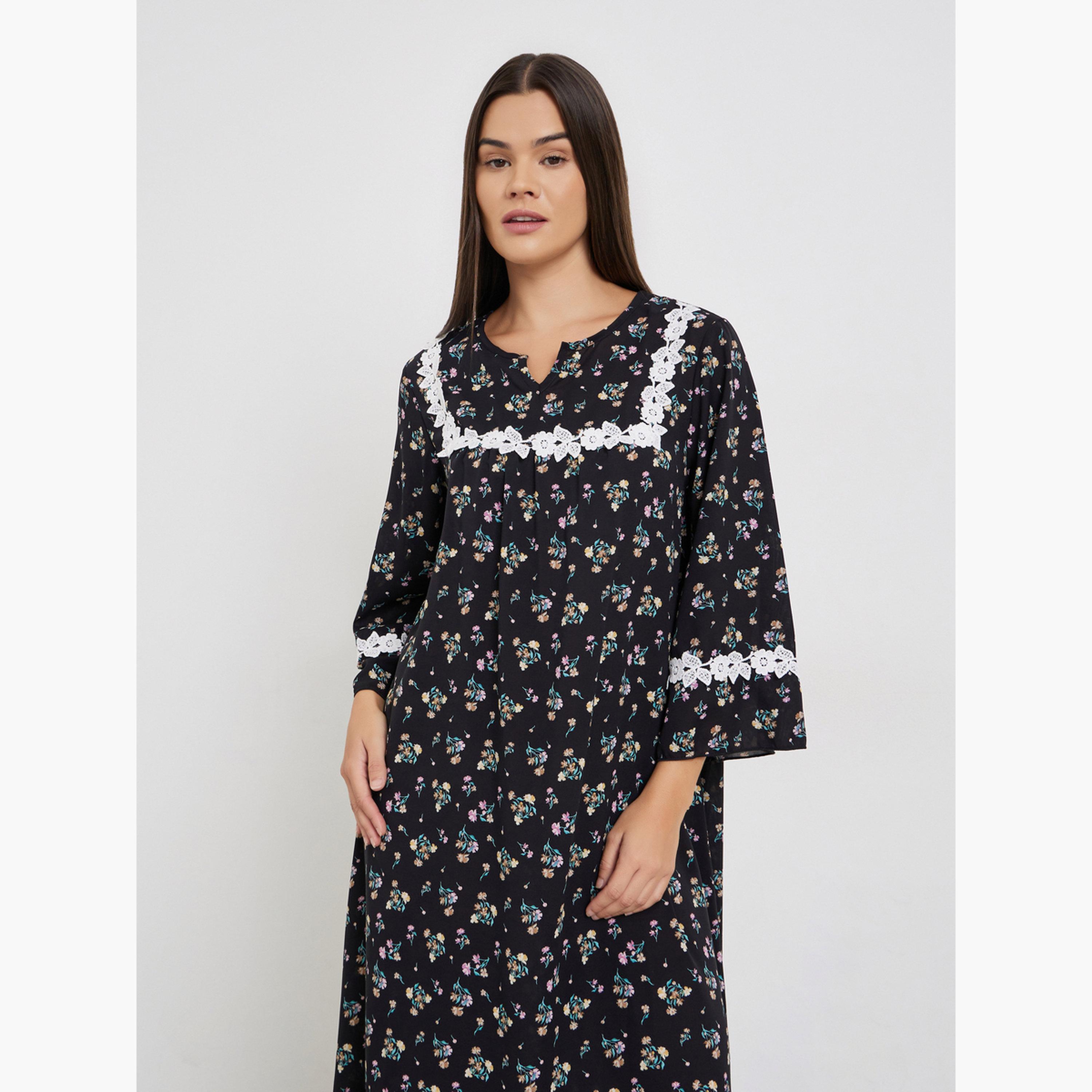 ستايلي - فستان نوم بأكمام واسع وبطبعة زهور كاملة مع تفاصيل دانتيل-women-clothing-nightwear-nighties-image-2