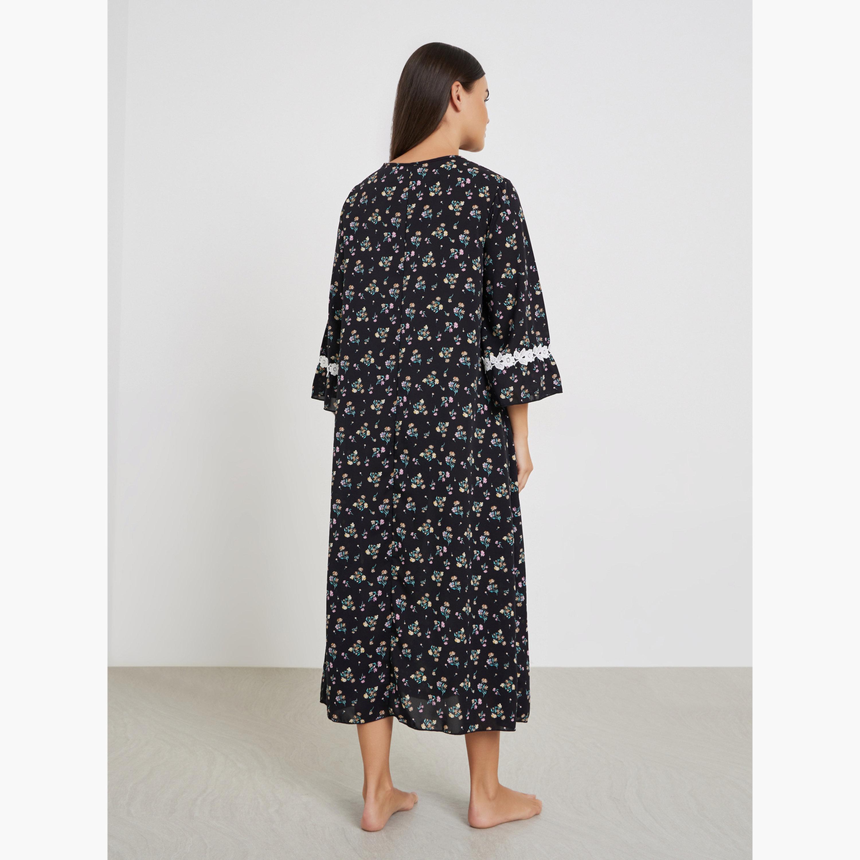ستايلي - فستان نوم بأكمام واسع وبطبعة زهور كاملة مع تفاصيل دانتيل-women-clothing-nightwear-nighties-image-3