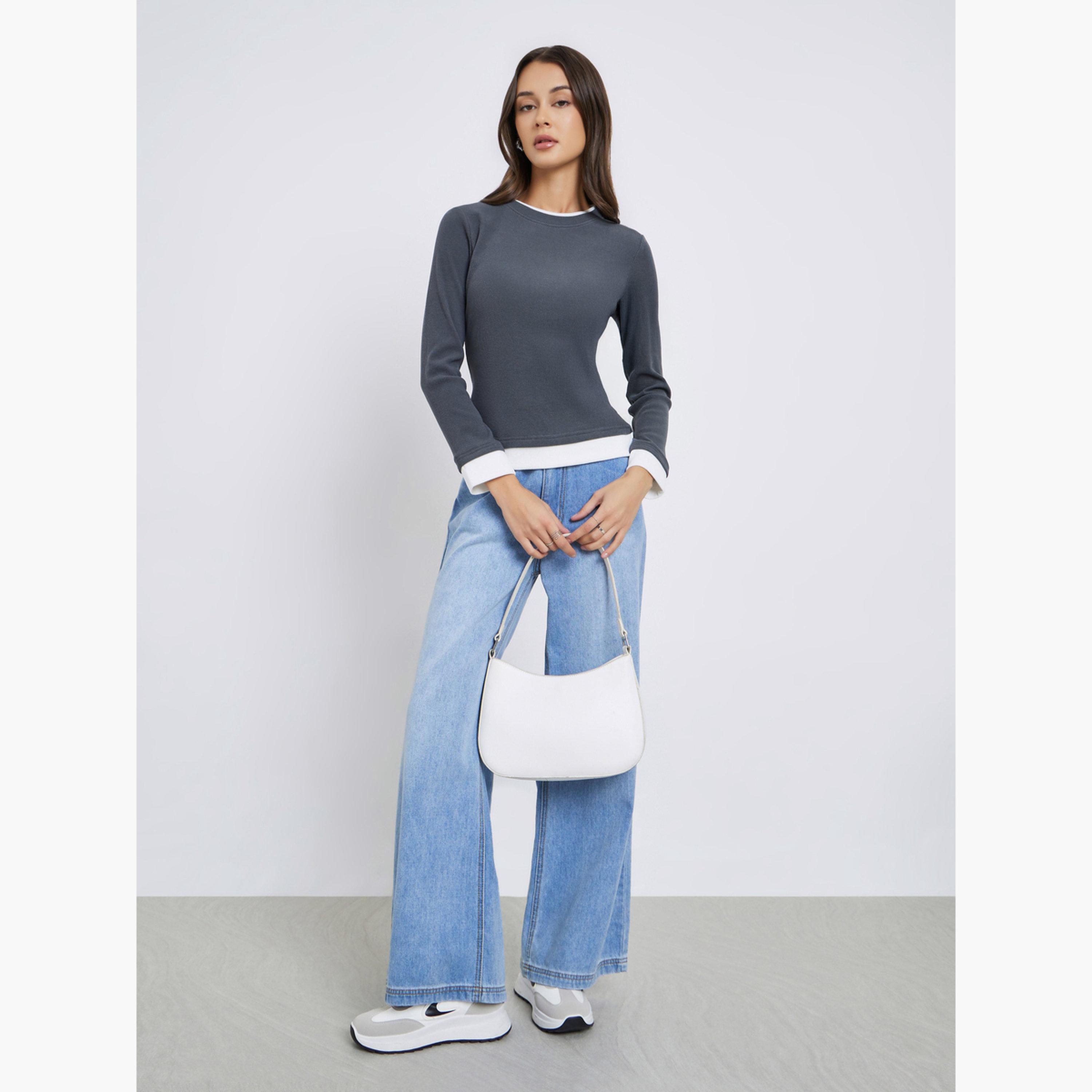 Styli Women Grey Contrast Tim Long Sleeve Top-women-clothing-tshirts-image-2