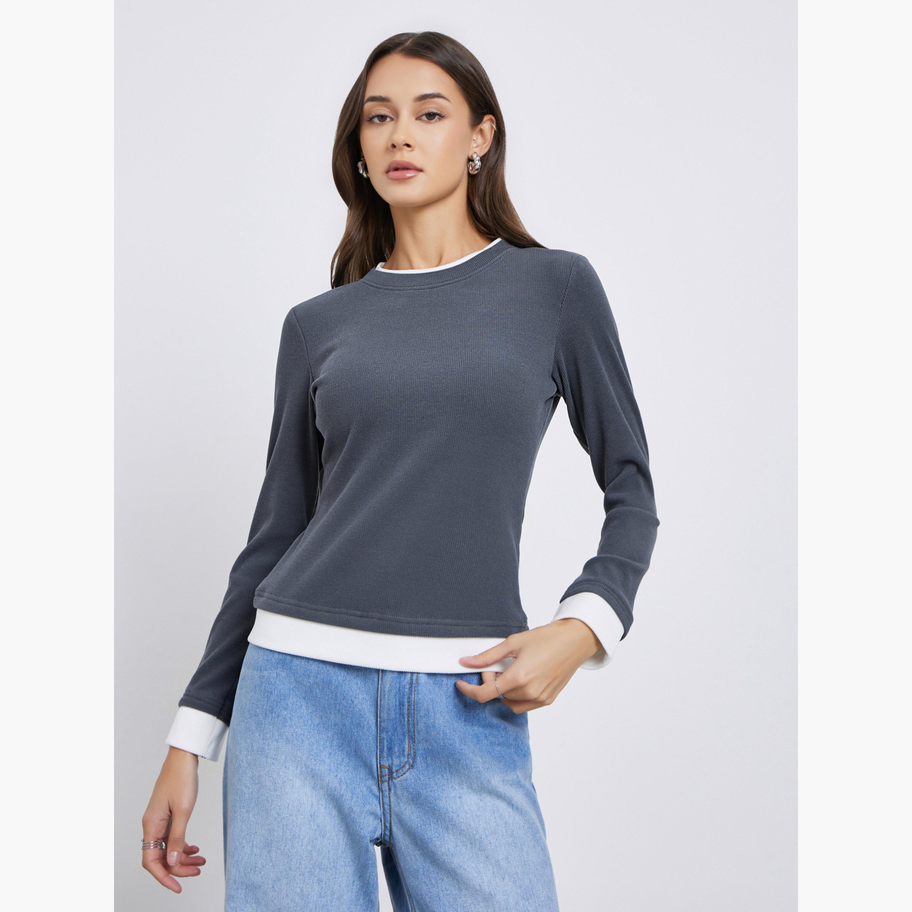 Styli Women Grey Contrast Tim Long Sleeve Top-women-clothing-tshirts-image-3