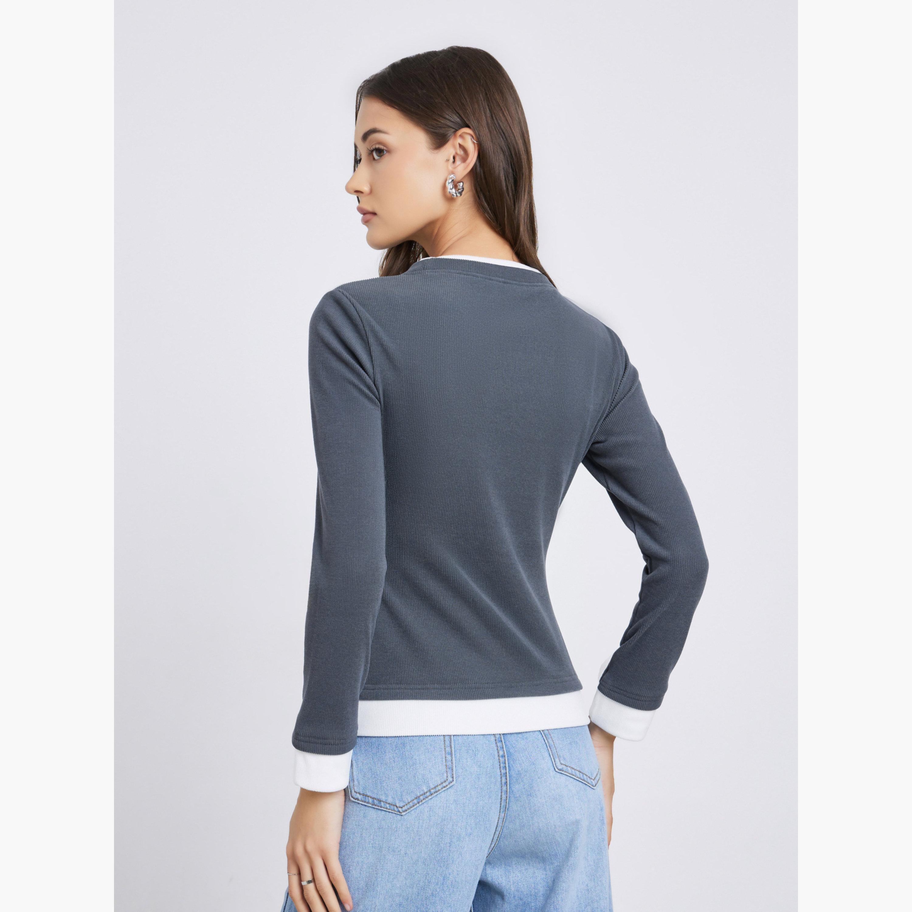 Styli Women Grey Contrast Tim Long Sleeve Top-women-clothing-tshirts-image-5