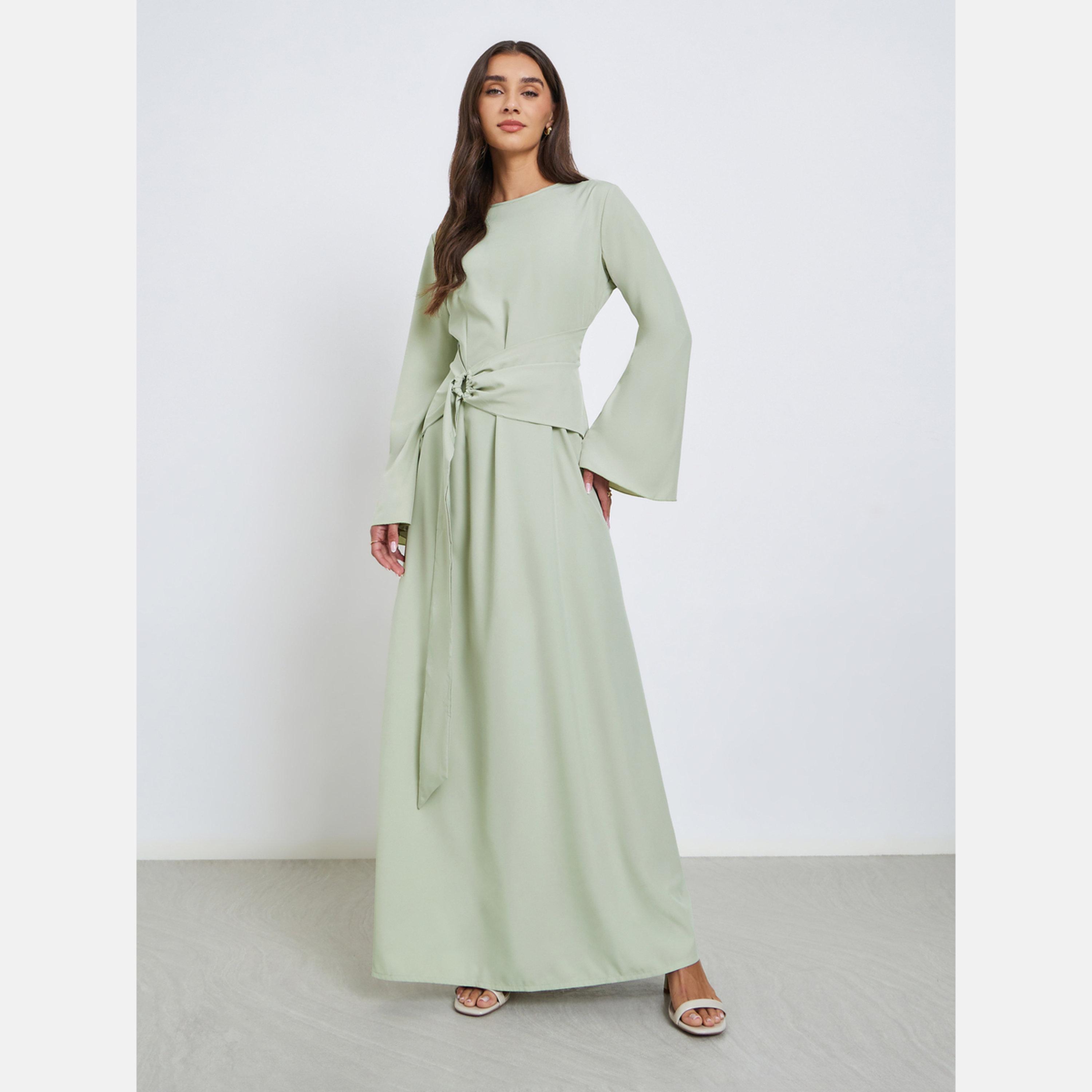 Styli Green Maxi Dress with Tie-Up Detail-women-clothing-dresses-image-1