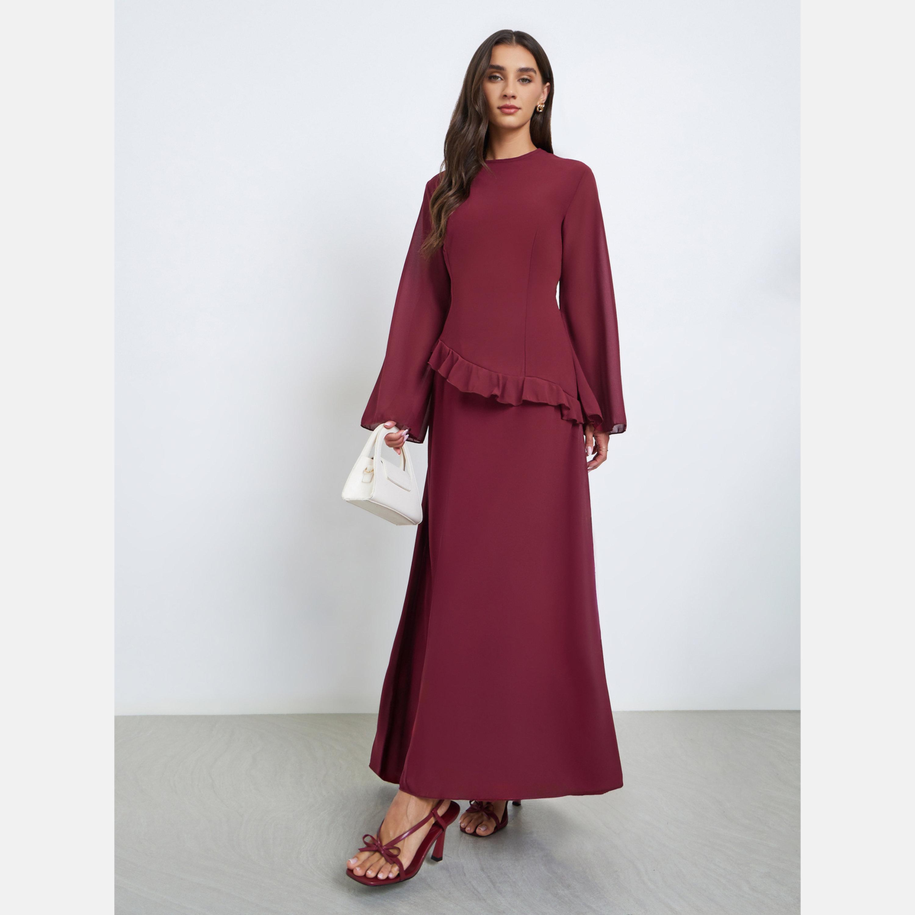 ستايلي - فستان ماكسي برغندي بأكمام جرس تصميم A-women-clothing-dresses-image-1