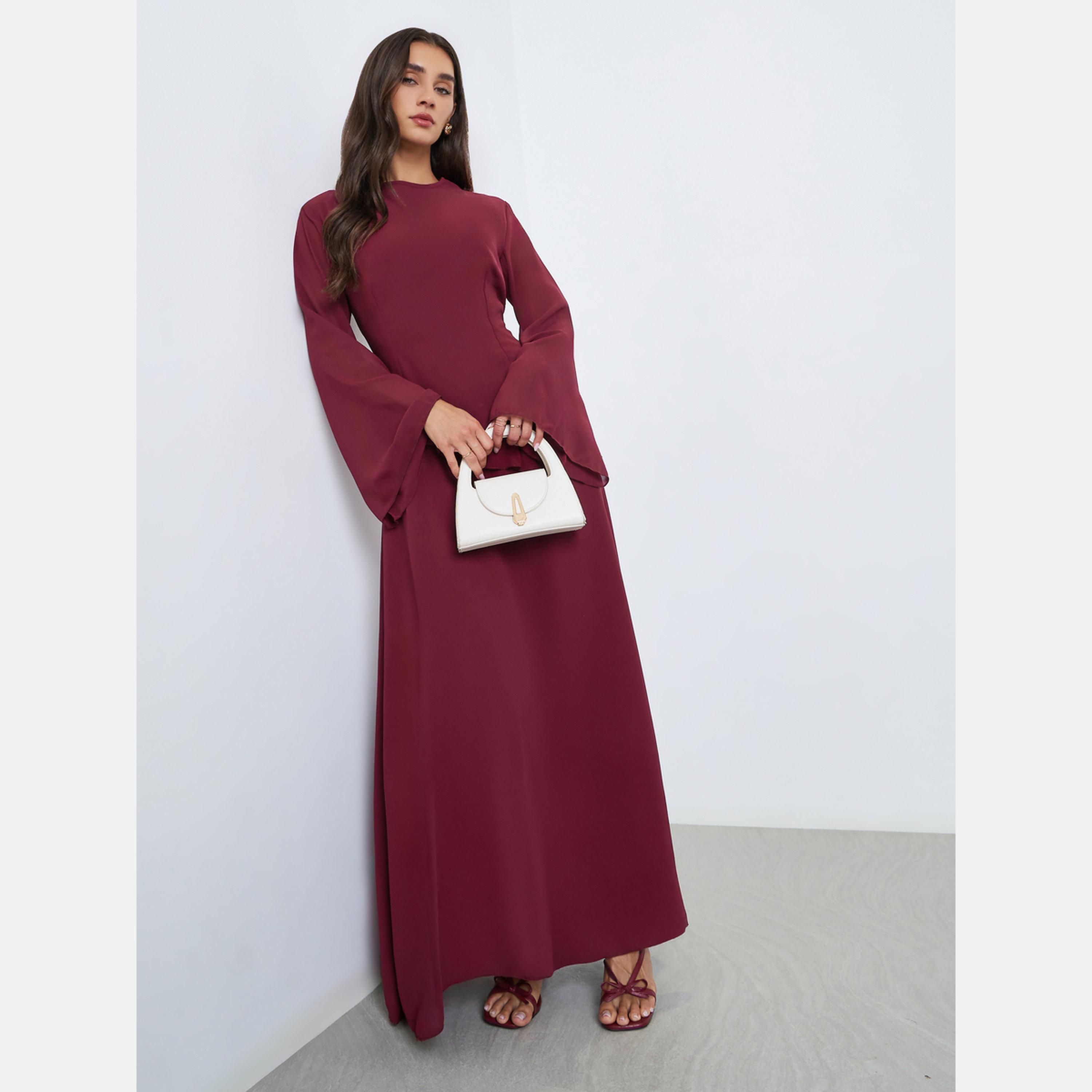 Styli Burgundy Bell Sleeve A-Line Maxi Dress-women-clothing-dresses-image-2