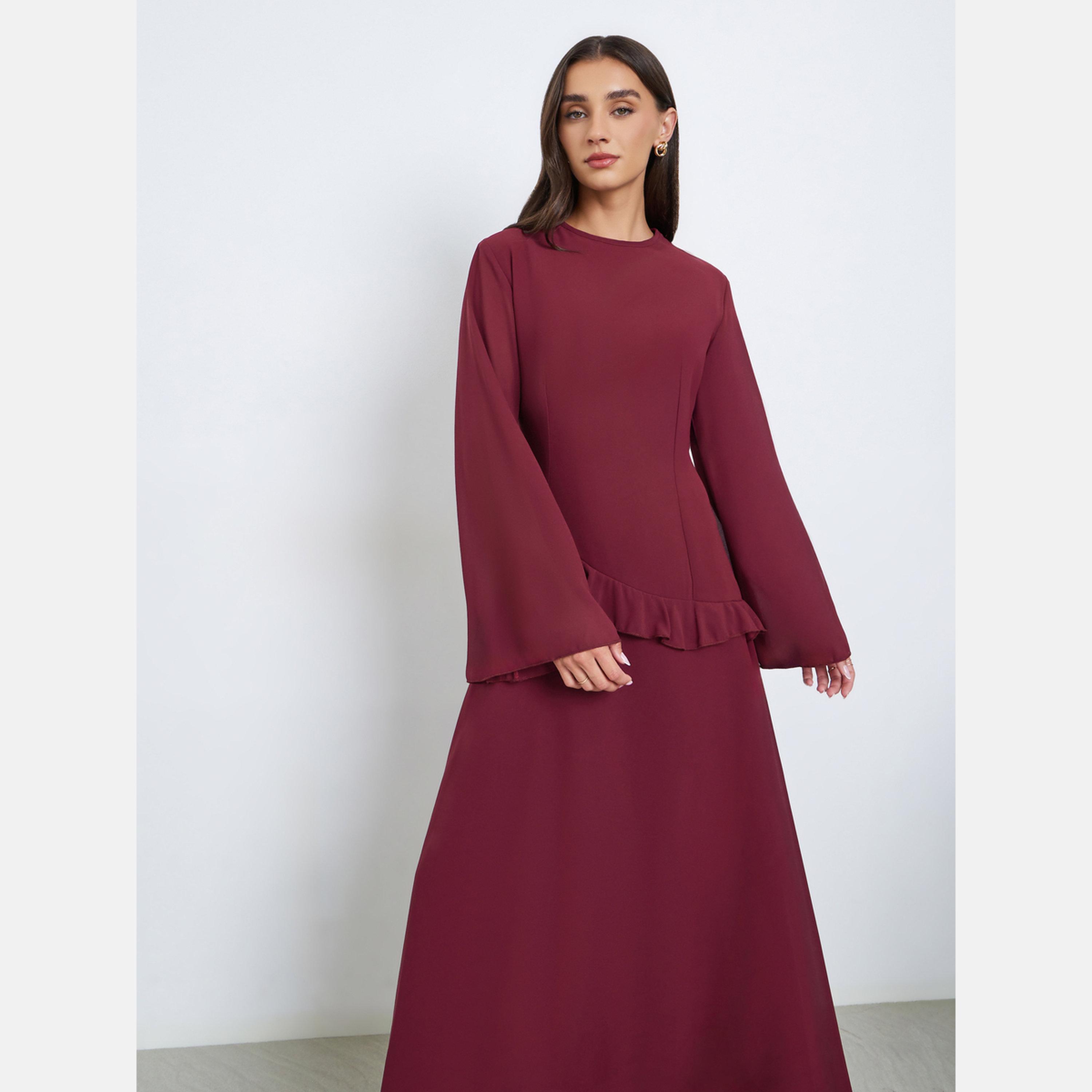 Styli Burgundy Bell Sleeve A-Line Maxi Dress-women-clothing-dresses-image-3