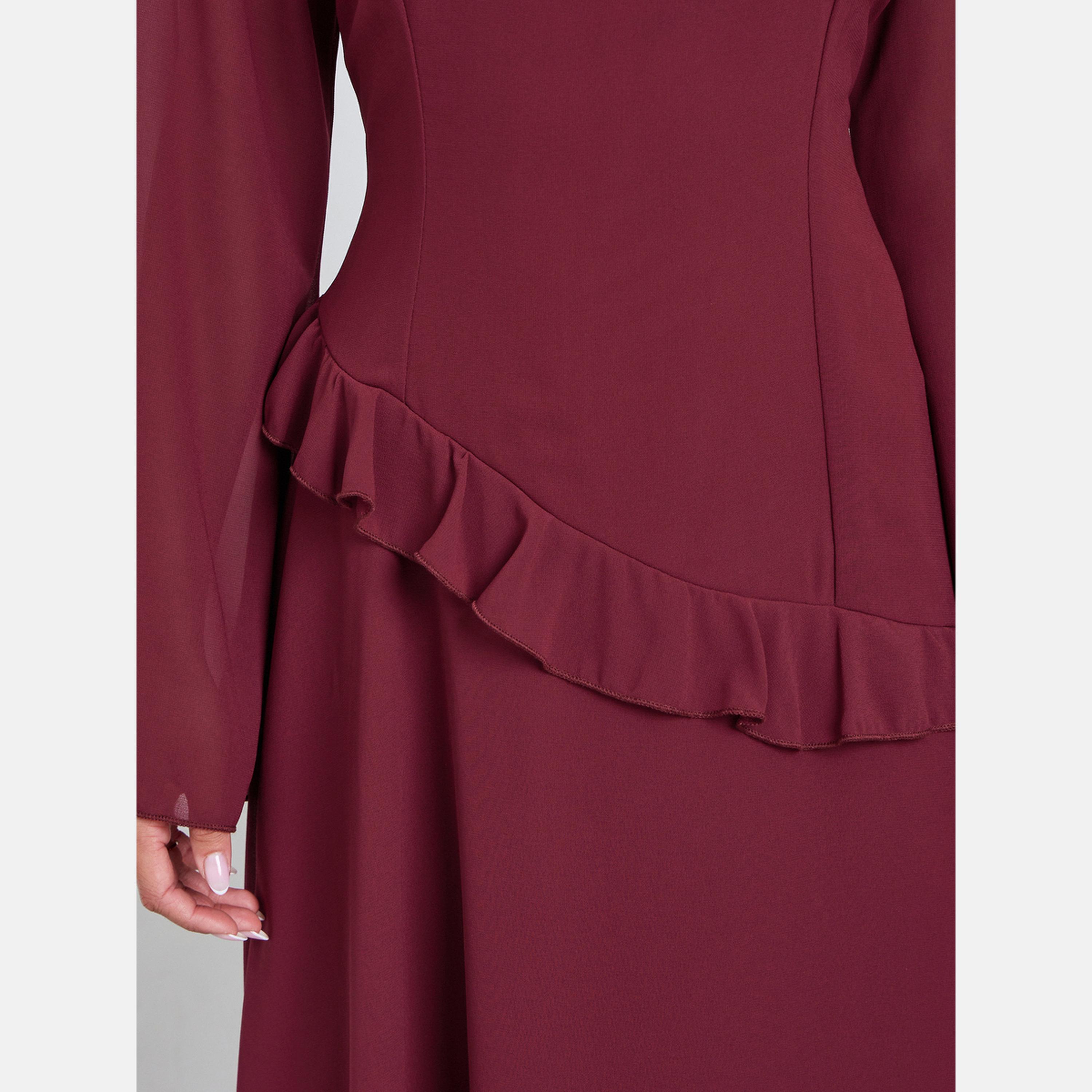Styli Burgundy Bell Sleeve A-Line Maxi Dress-women-clothing-dresses-image-4