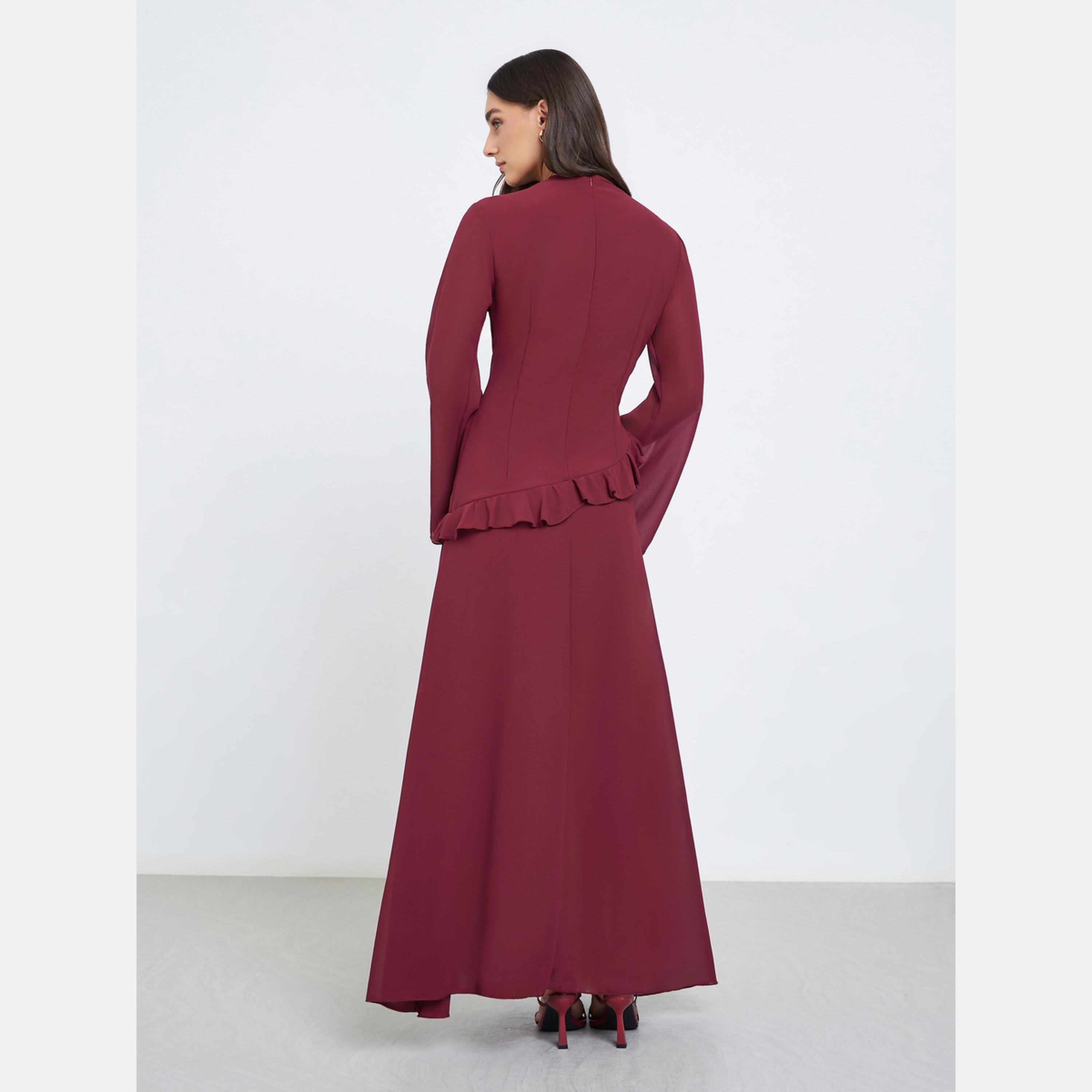 Styli Burgundy Bell Sleeve A-Line Maxi Dress-women-clothing-dresses-image-5