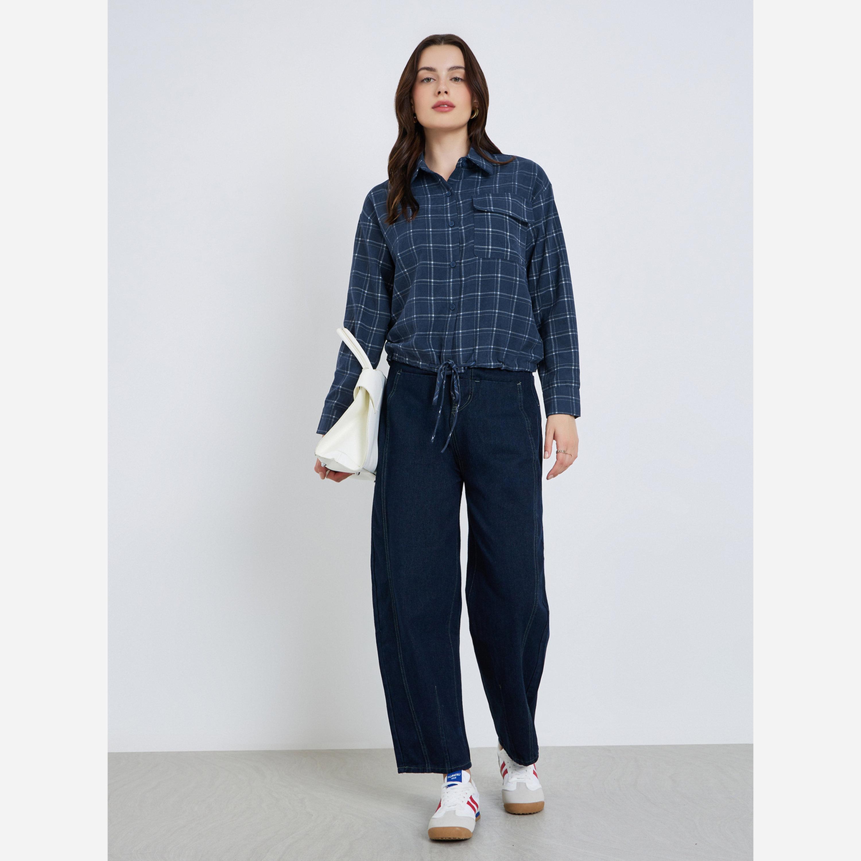 Styli Women Blue Checkered Crop Shirt with Drawstring-women-clothing-shirtsandblouses-shirts-image-2