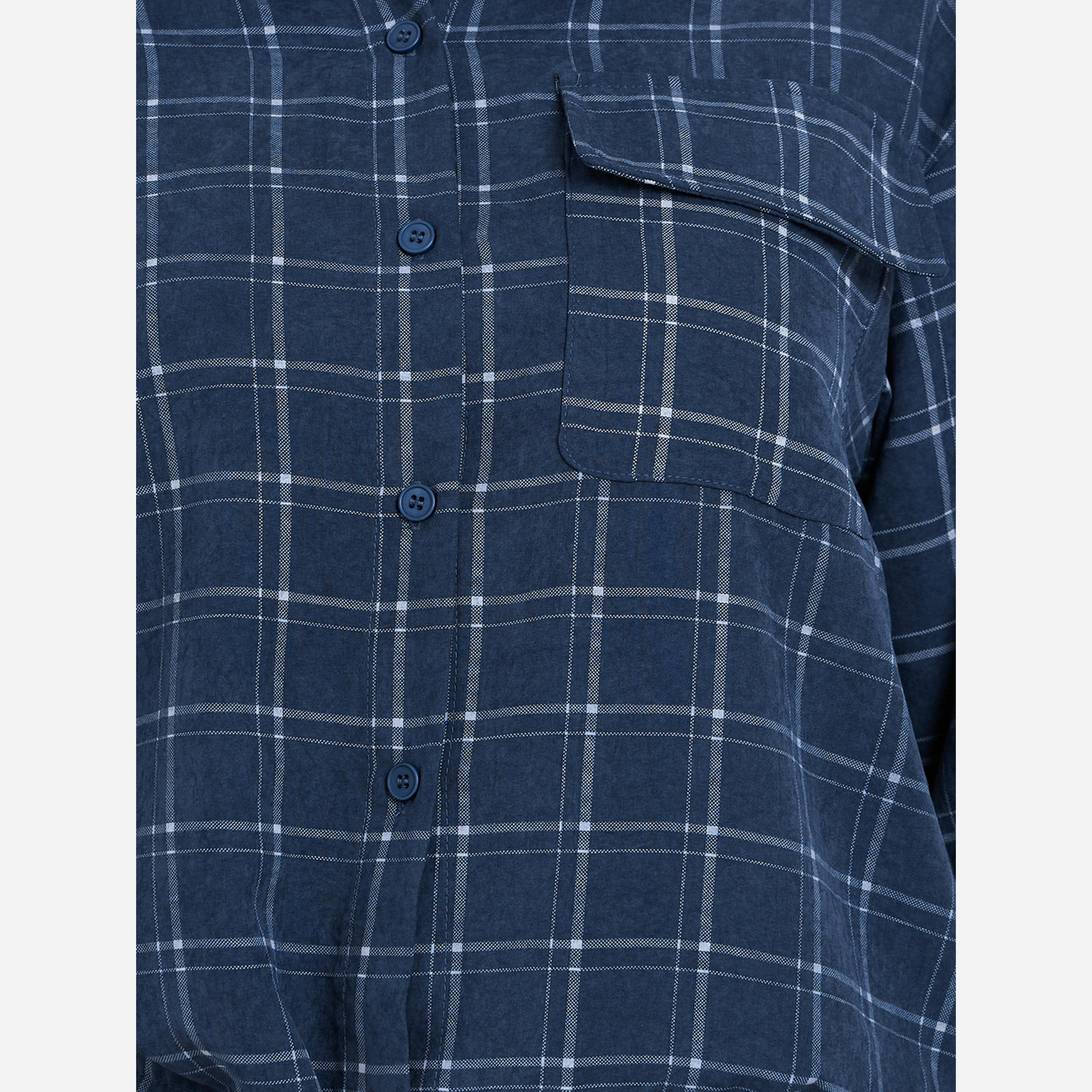 Styli Women Blue Checkered Crop Shirt with Drawstring-women-clothing-shirtsandblouses-shirts-image-3