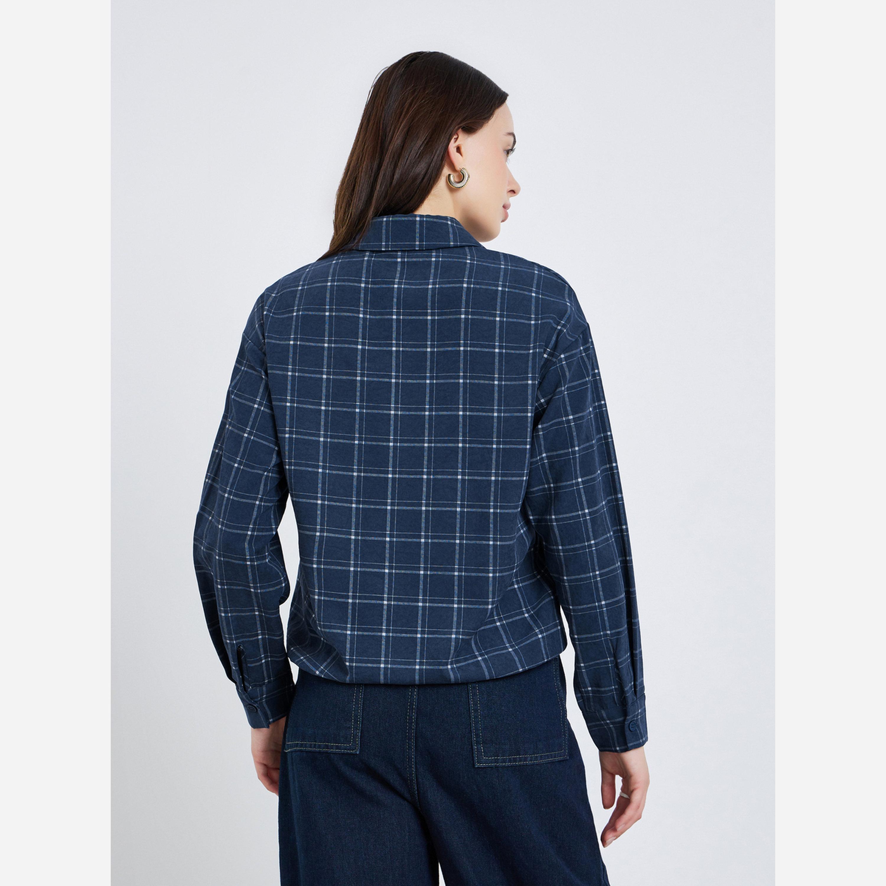 Styli Women Blue Checkered Crop Shirt with Drawstring-women-clothing-shirtsandblouses-shirts-image-4
