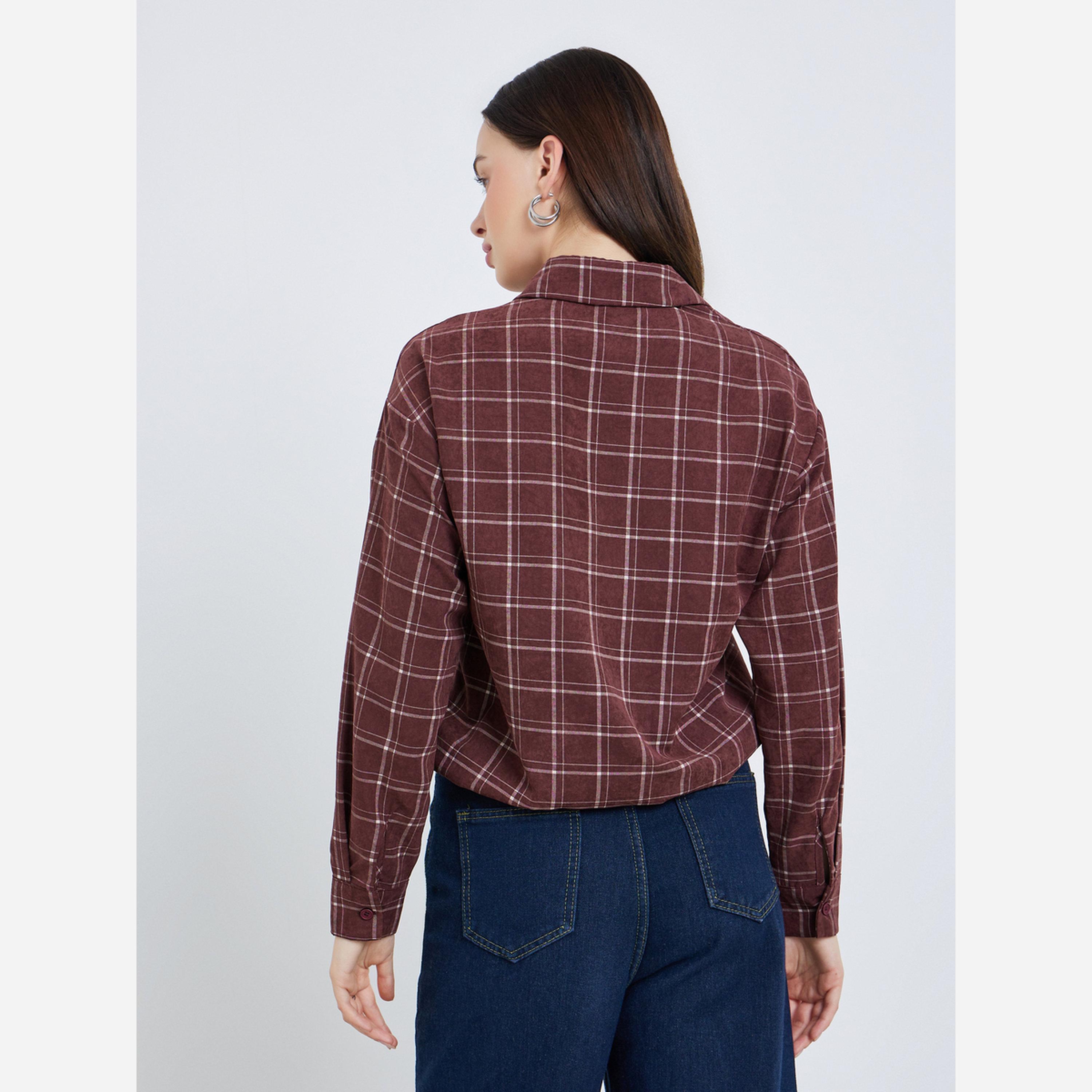 ستايلي - قميص قصير نسائي منقوش لون برغندي مع رباط-women-clothing-shirtsandblouses-shirts-image-4