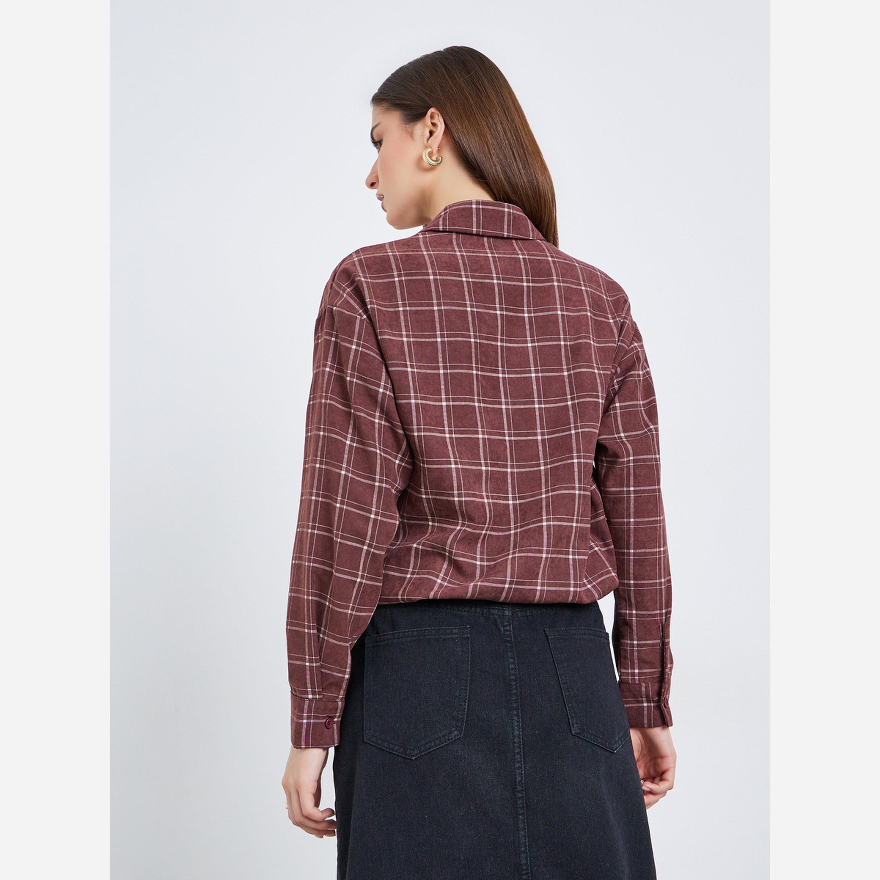 ستايلي - قميص قصير نسائي منقوش لون برغندي مع رباط-women-clothing-shirtsandblouses-shirts-image-5
