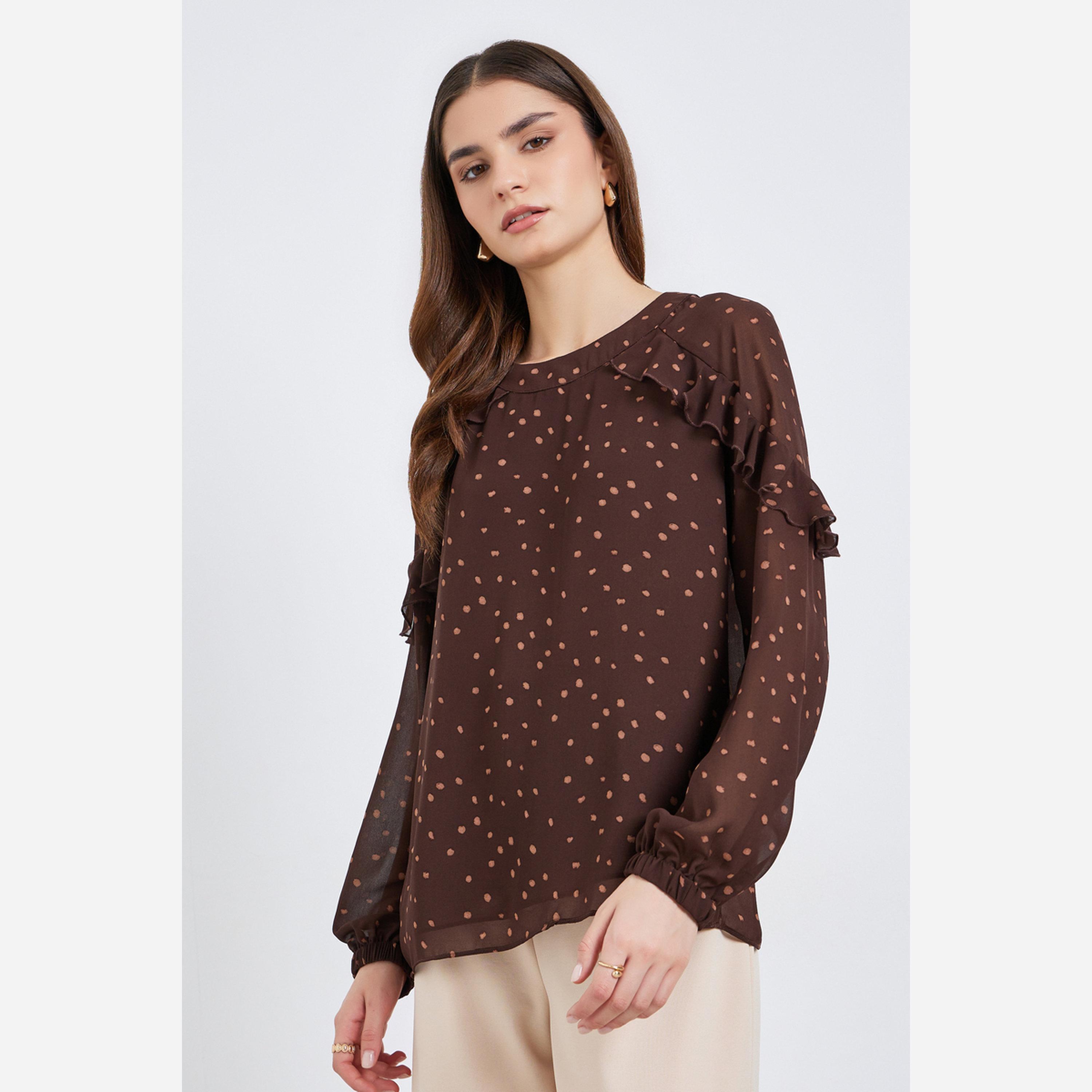 ستايلي - بلوزة للنساء لون بني منقطة أكمام طويلة-women-clothing-shirtsandblouses-blouses-image-1