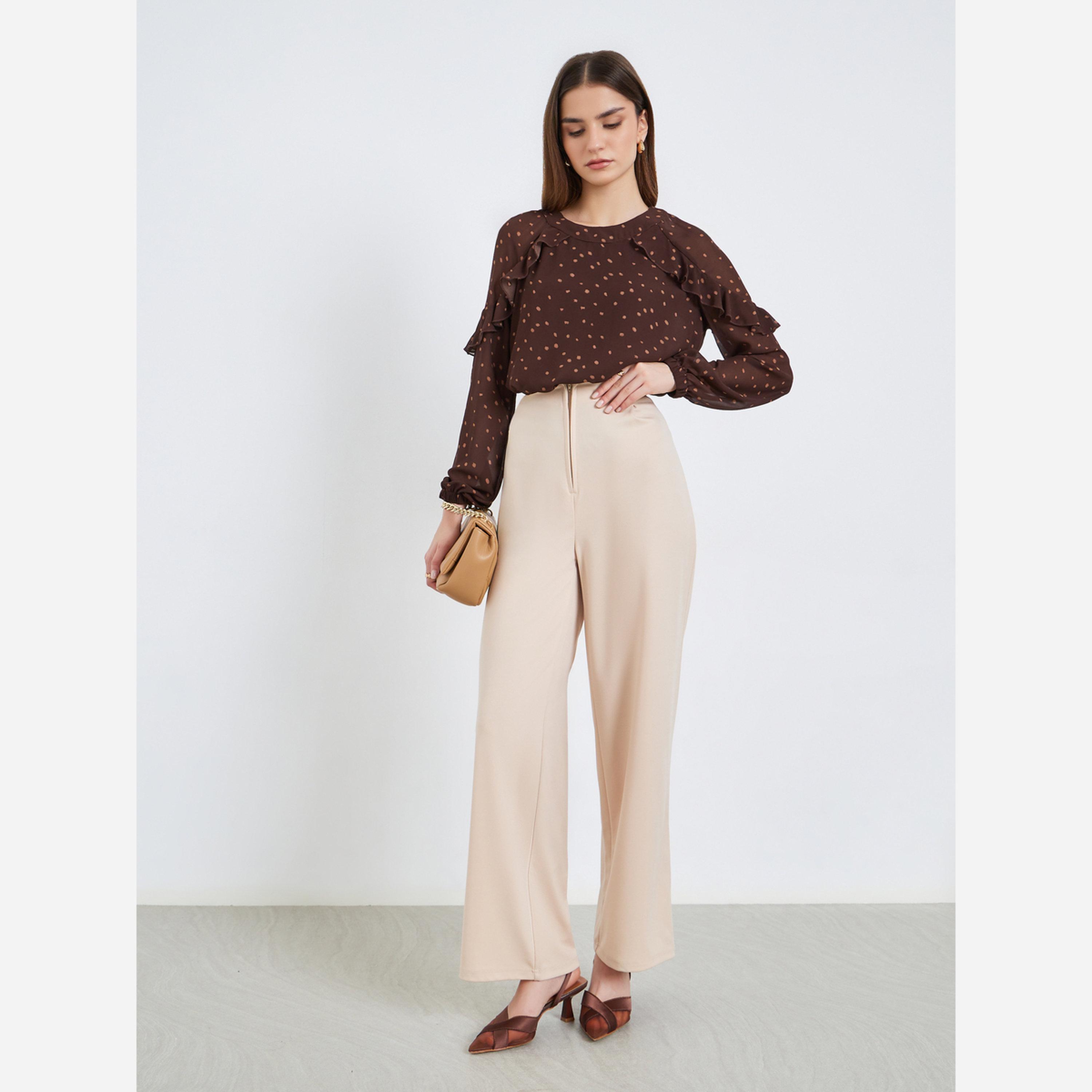 ستايلي - بلوزة للنساء لون بني منقطة أكمام طويلة-women-clothing-shirtsandblouses-blouses-image-2
