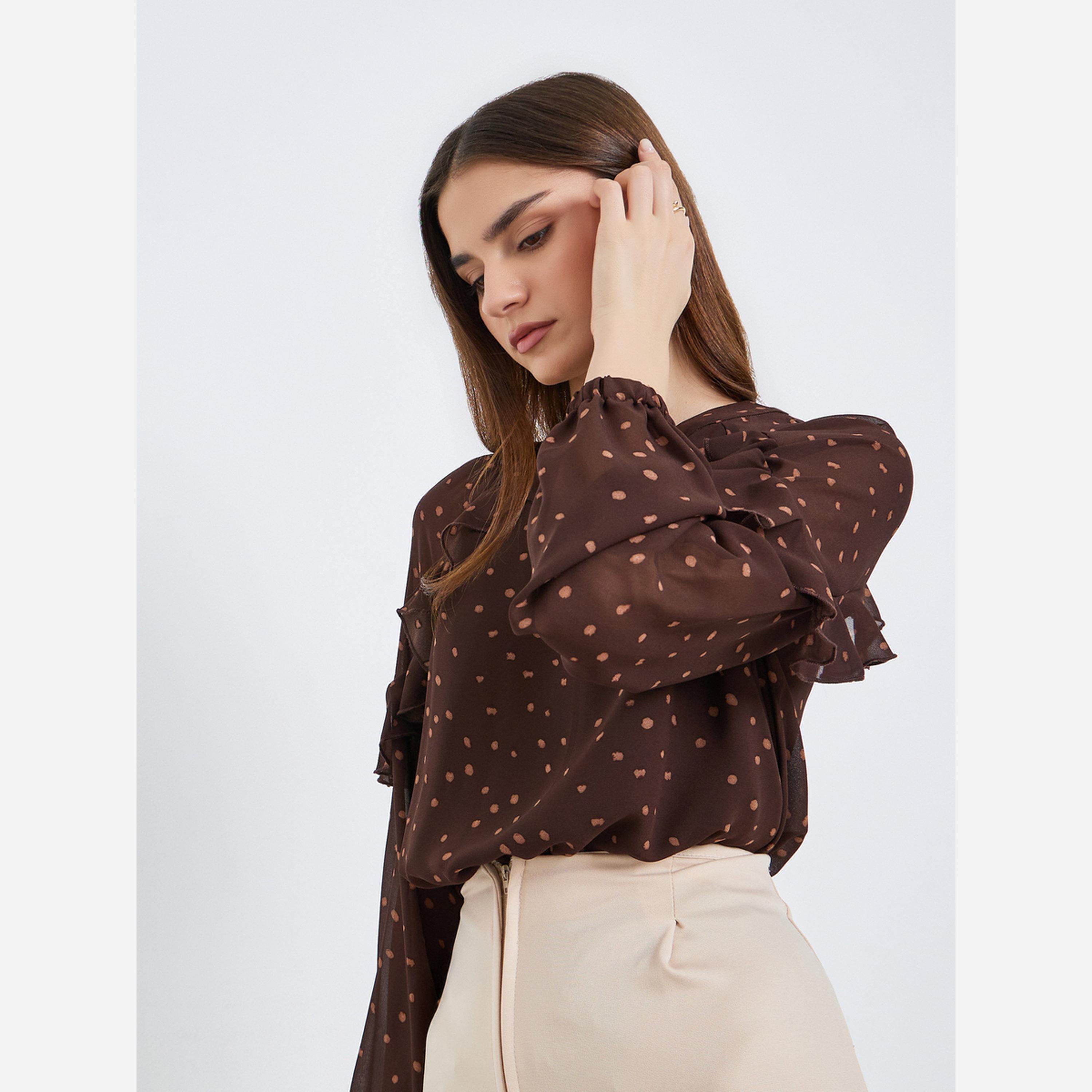 ستايلي - بلوزة للنساء لون بني منقطة أكمام طويلة-women-clothing-shirtsandblouses-blouses-image-3