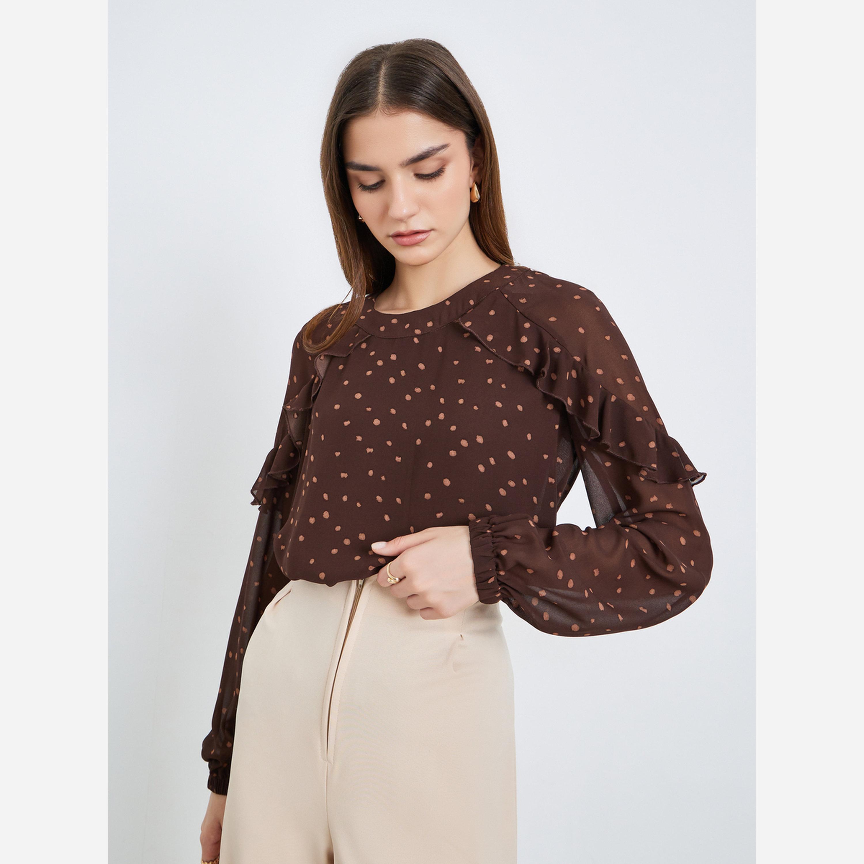 ستايلي - بلوزة للنساء لون بني منقطة أكمام طويلة-women-clothing-shirtsandblouses-blouses-image-4