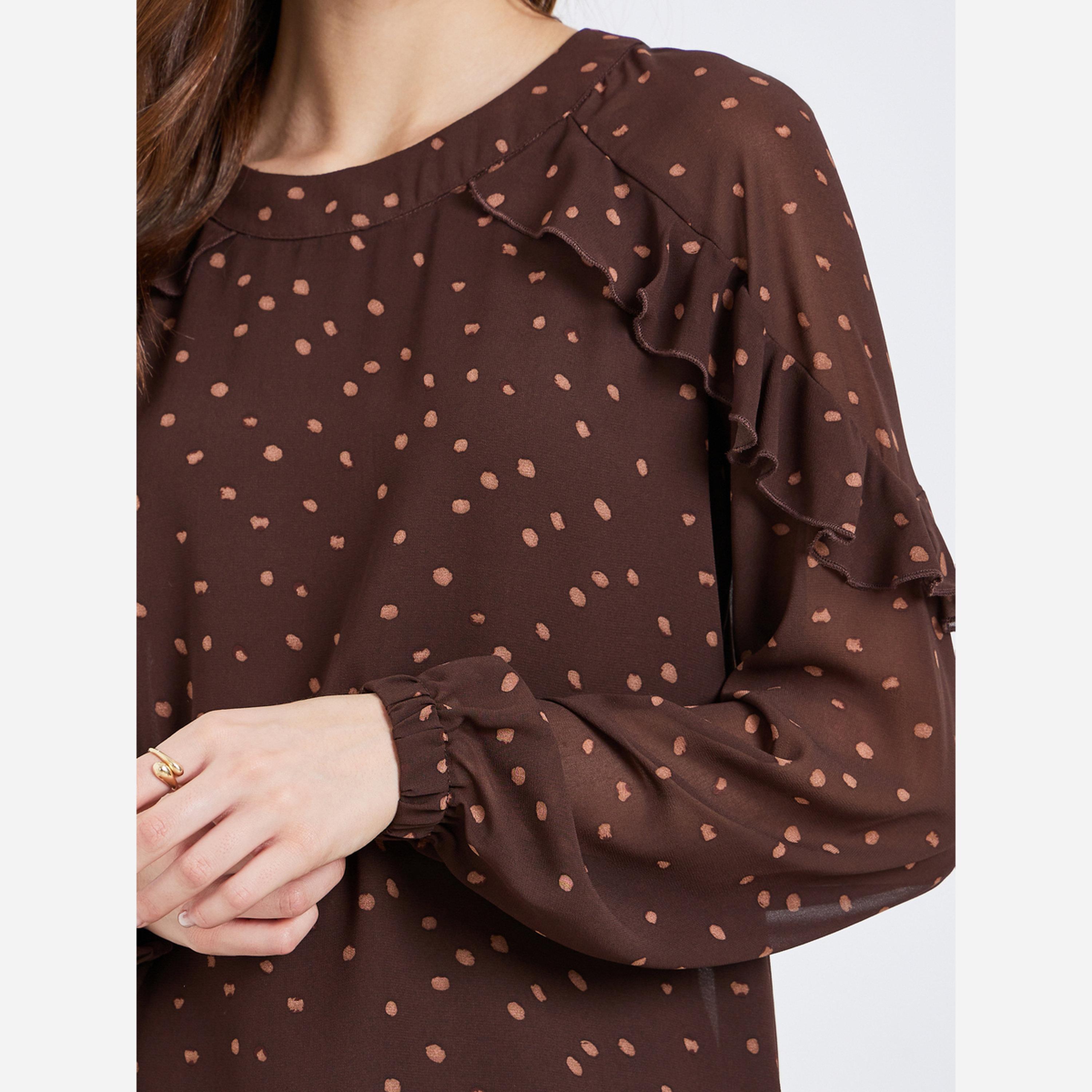 ستايلي - بلوزة للنساء لون بني منقطة أكمام طويلة-women-clothing-shirtsandblouses-blouses-image-5