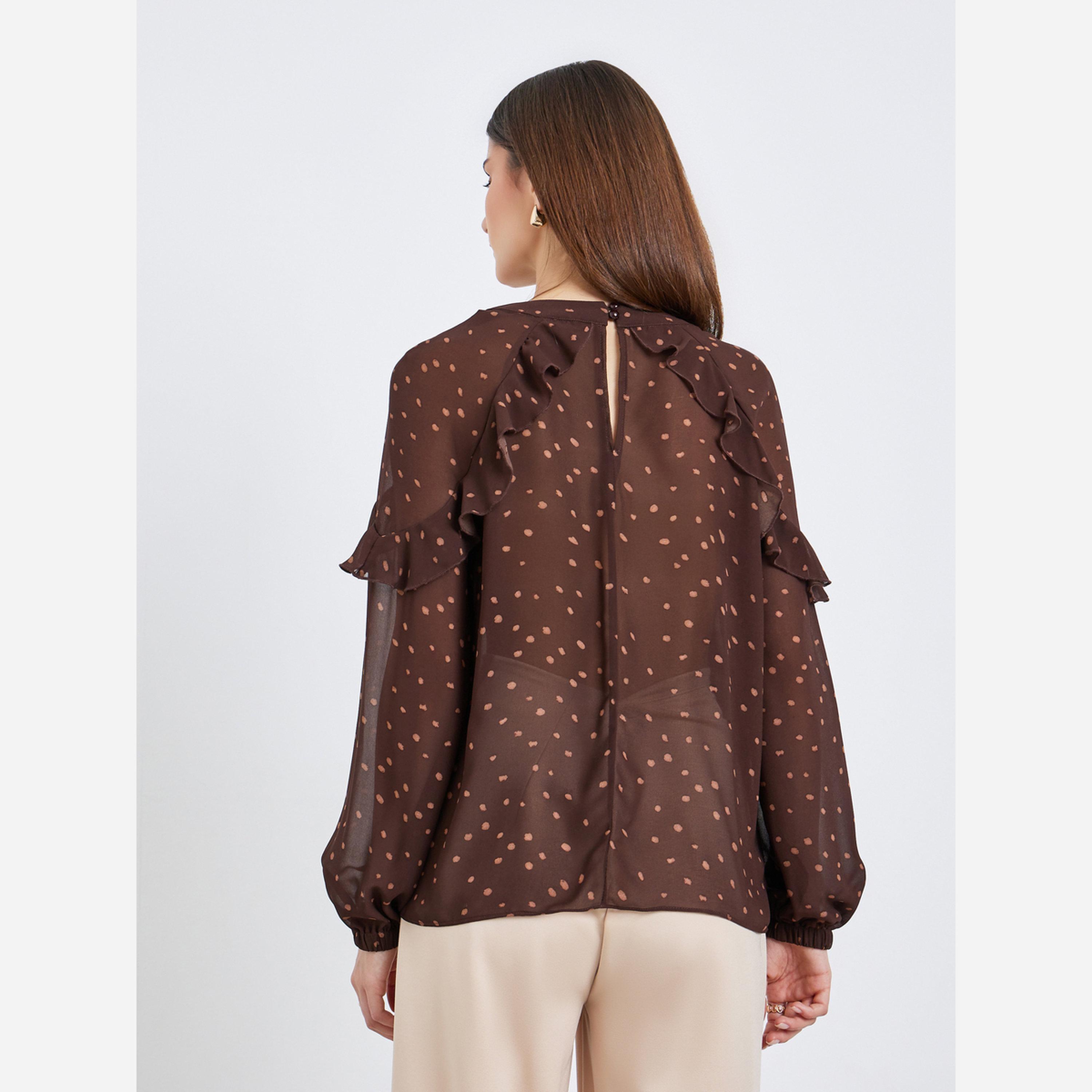 ستايلي - بلوزة للنساء لون بني منقطة أكمام طويلة-women-clothing-shirtsandblouses-blouses-image-6
