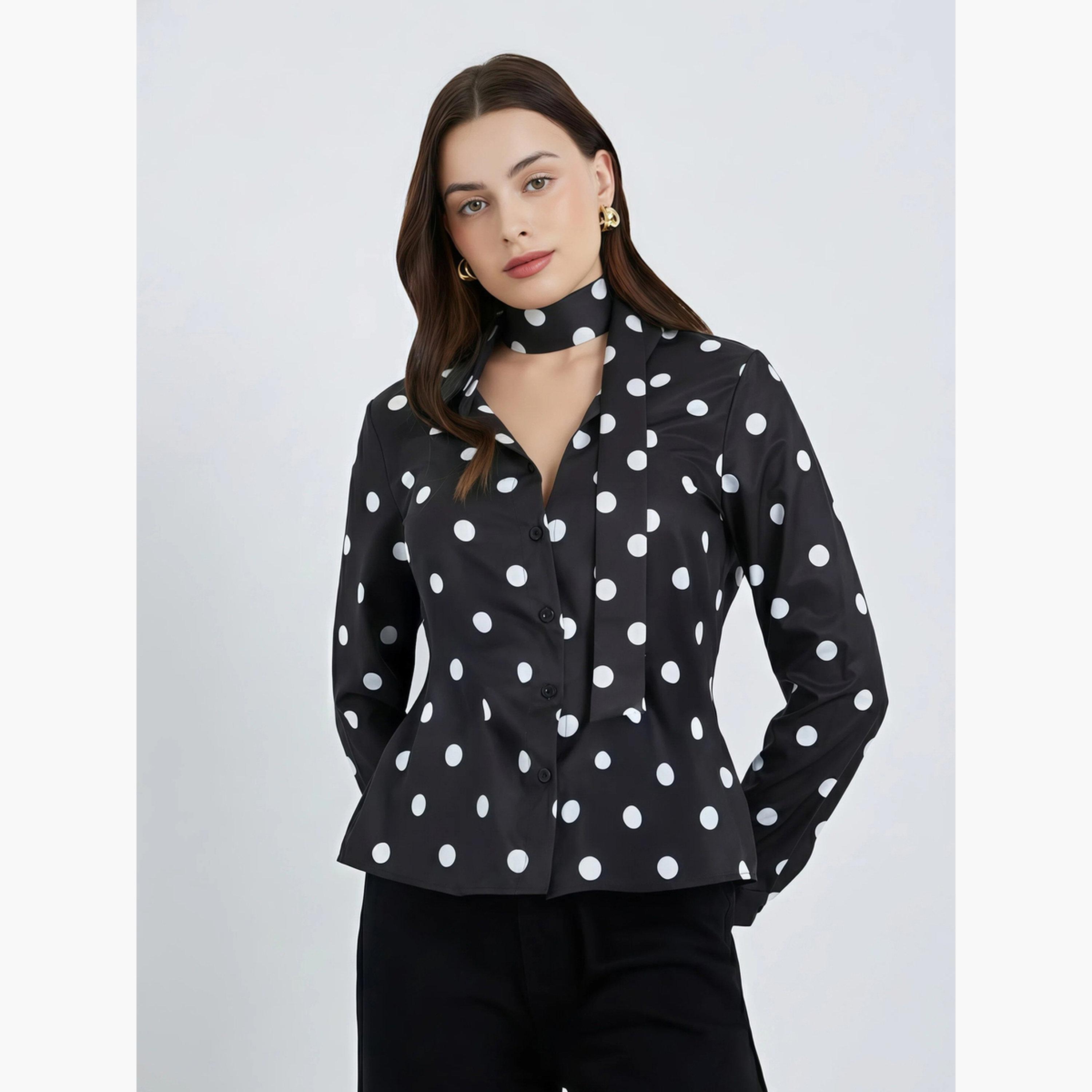 Styli Women Black Polka Dot Tie-Waist Shirt-women-clothing-shirtsandblouses-blouses-image-1