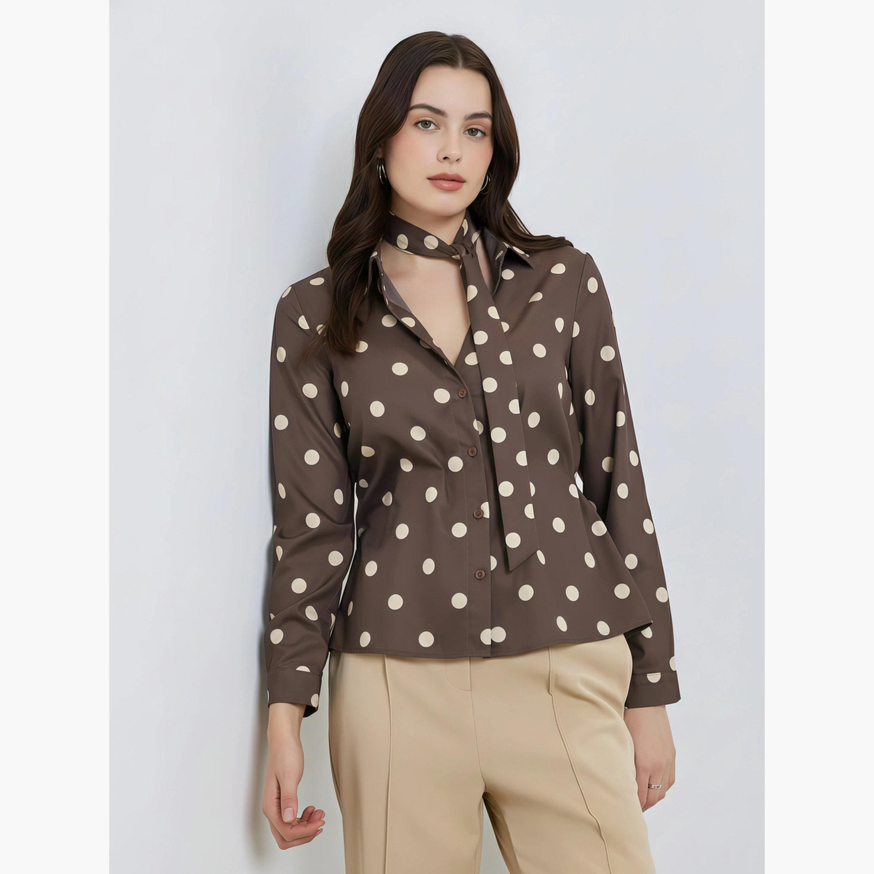 Styli Women Brown Polka Dot Tie Detail Shirt-women-clothing-shirtsandblouses-blouses-image-1