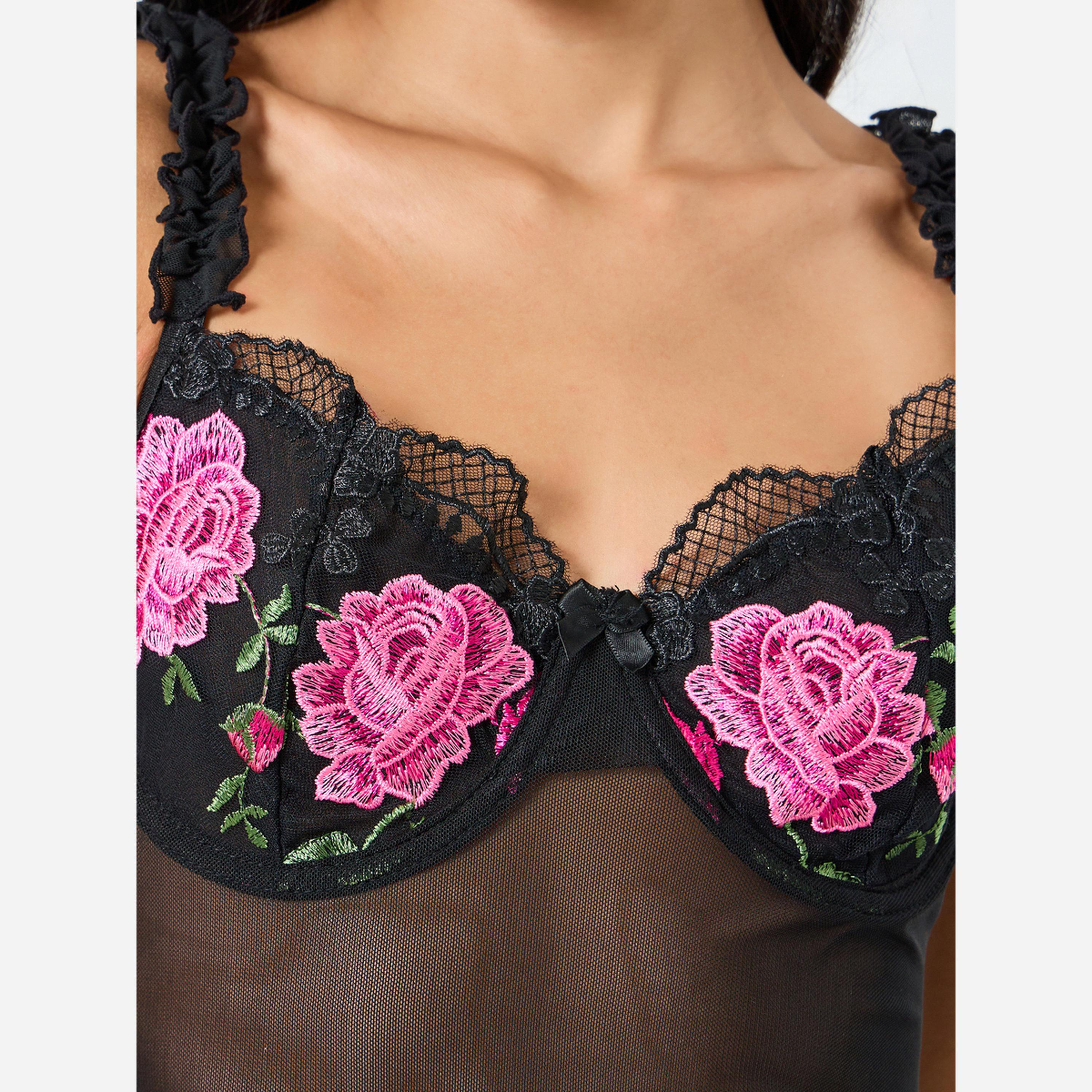 Styli Embroidered Underwired Ruched Maxi Slip with Ruffle Detail and Briefs-women-clothing-lingerie-lingeriesets-image-4