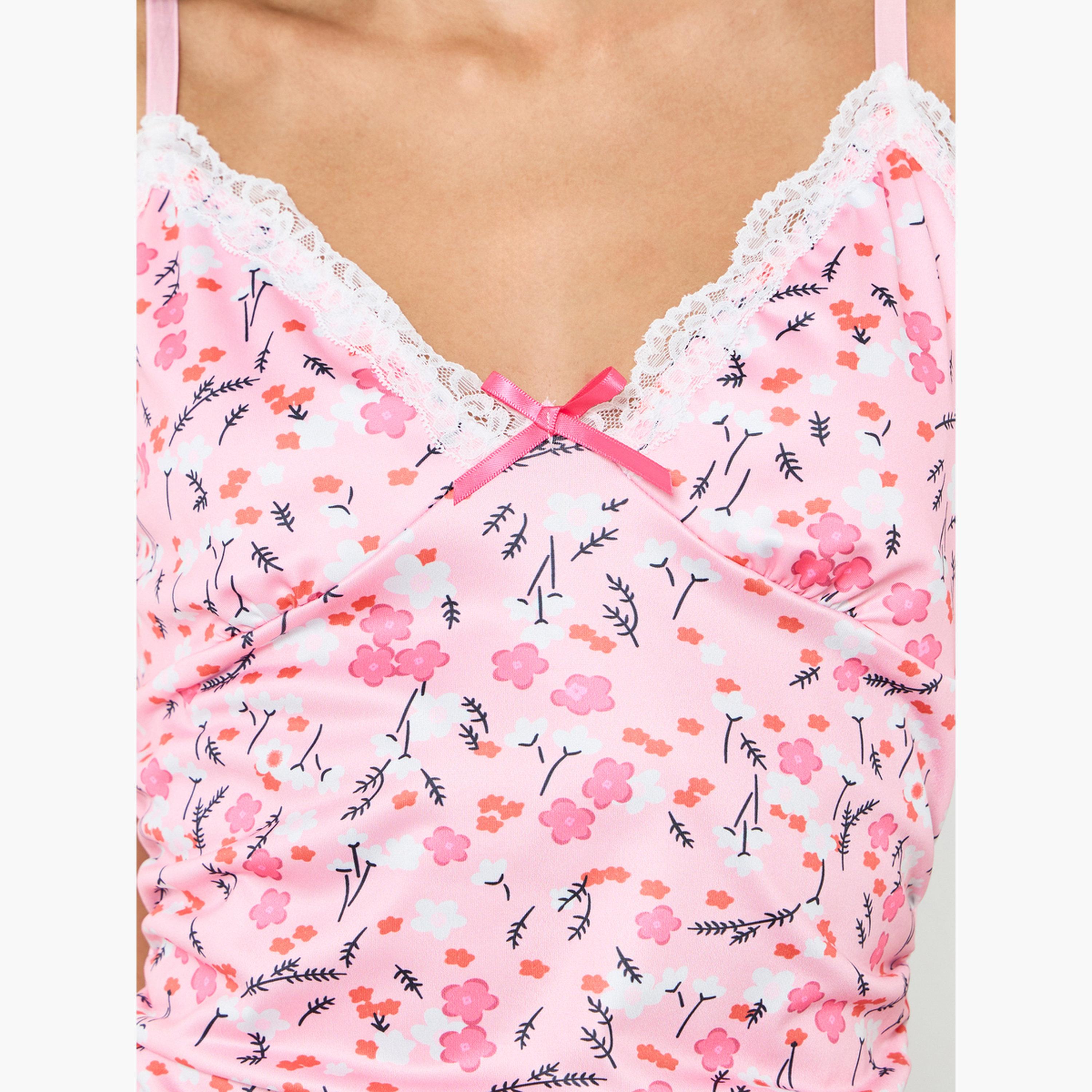 قميص نوم بتفاصيل دانتيل وطبعة زهور مع سروال داخلي-women-clothing-lingerie-lingeriesets-image-3