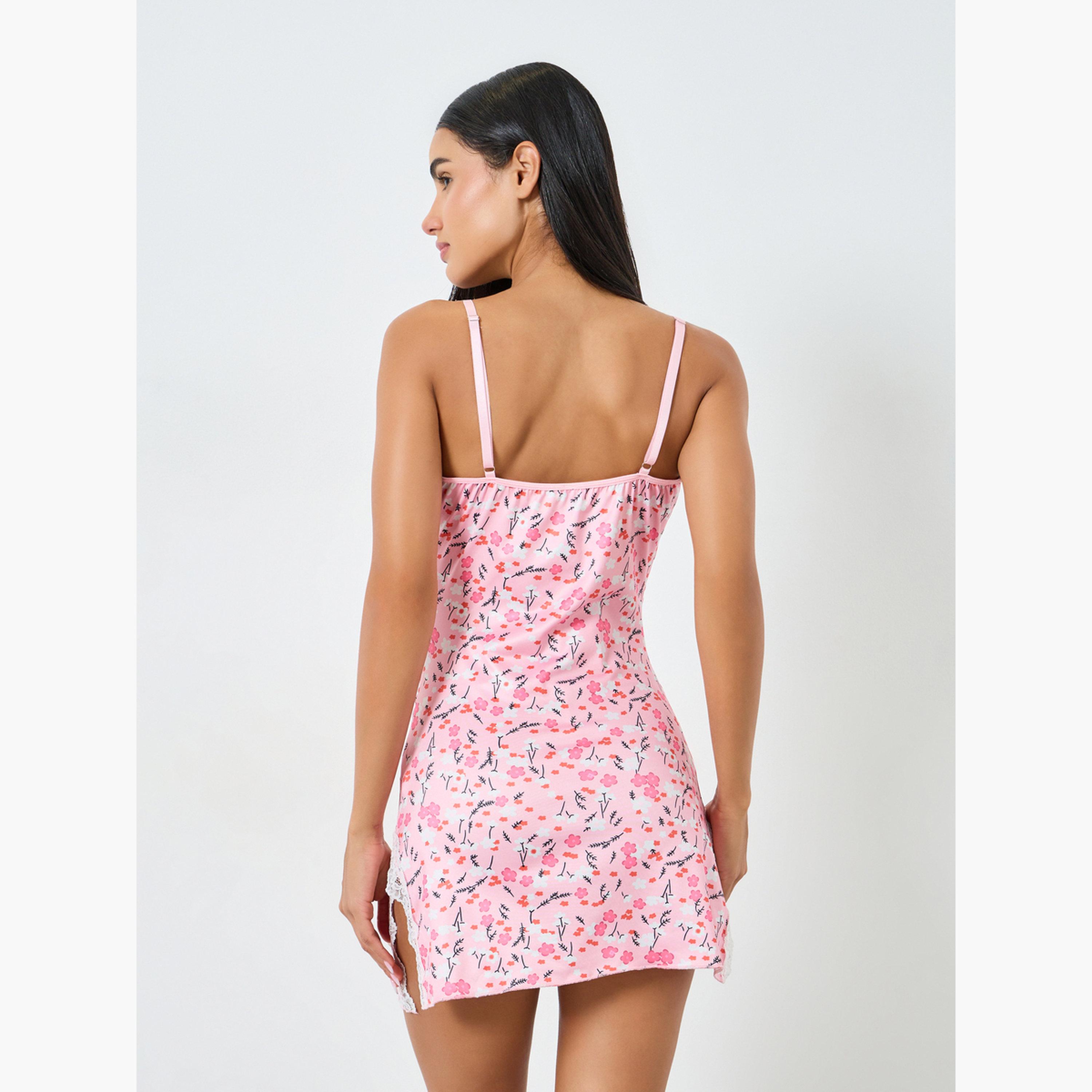 قميص نوم بتفاصيل دانتيل وطبعة زهور مع سروال داخلي-women-clothing-lingerie-lingeriesets-image-5