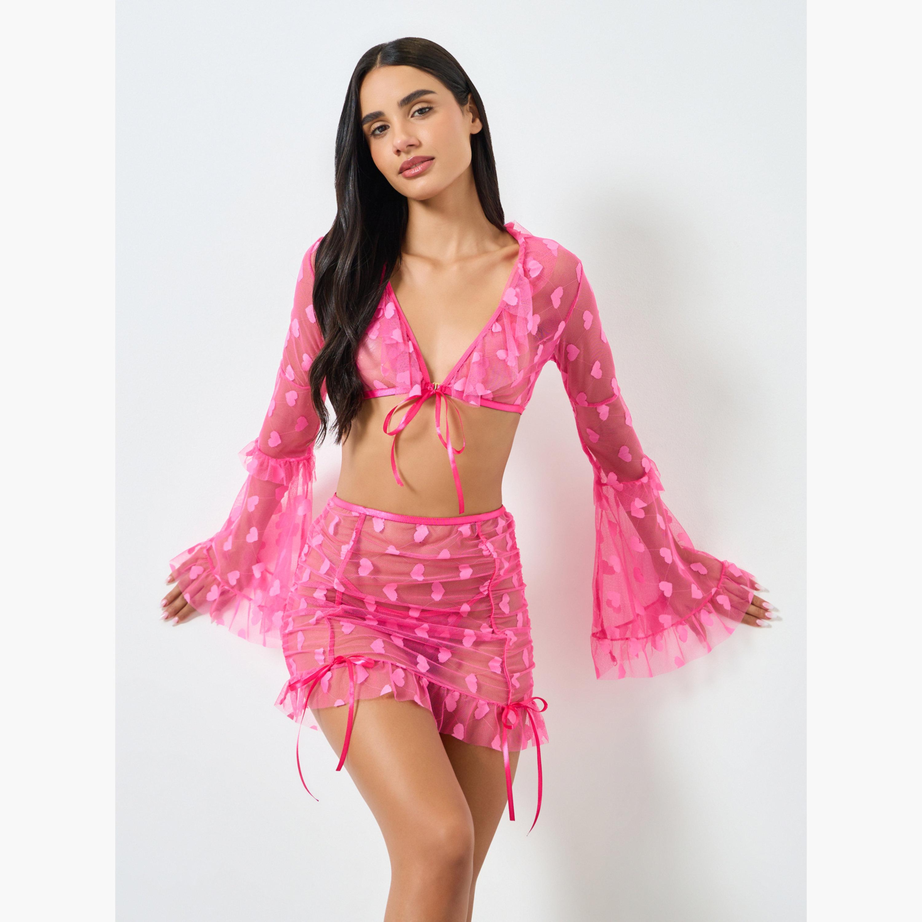 Styli Pack of 3 - Heart Mesh Pattern Flared Top, Ruffle Skirt and Brief-women-clothing-lingerie-lingeriesets-image-1
