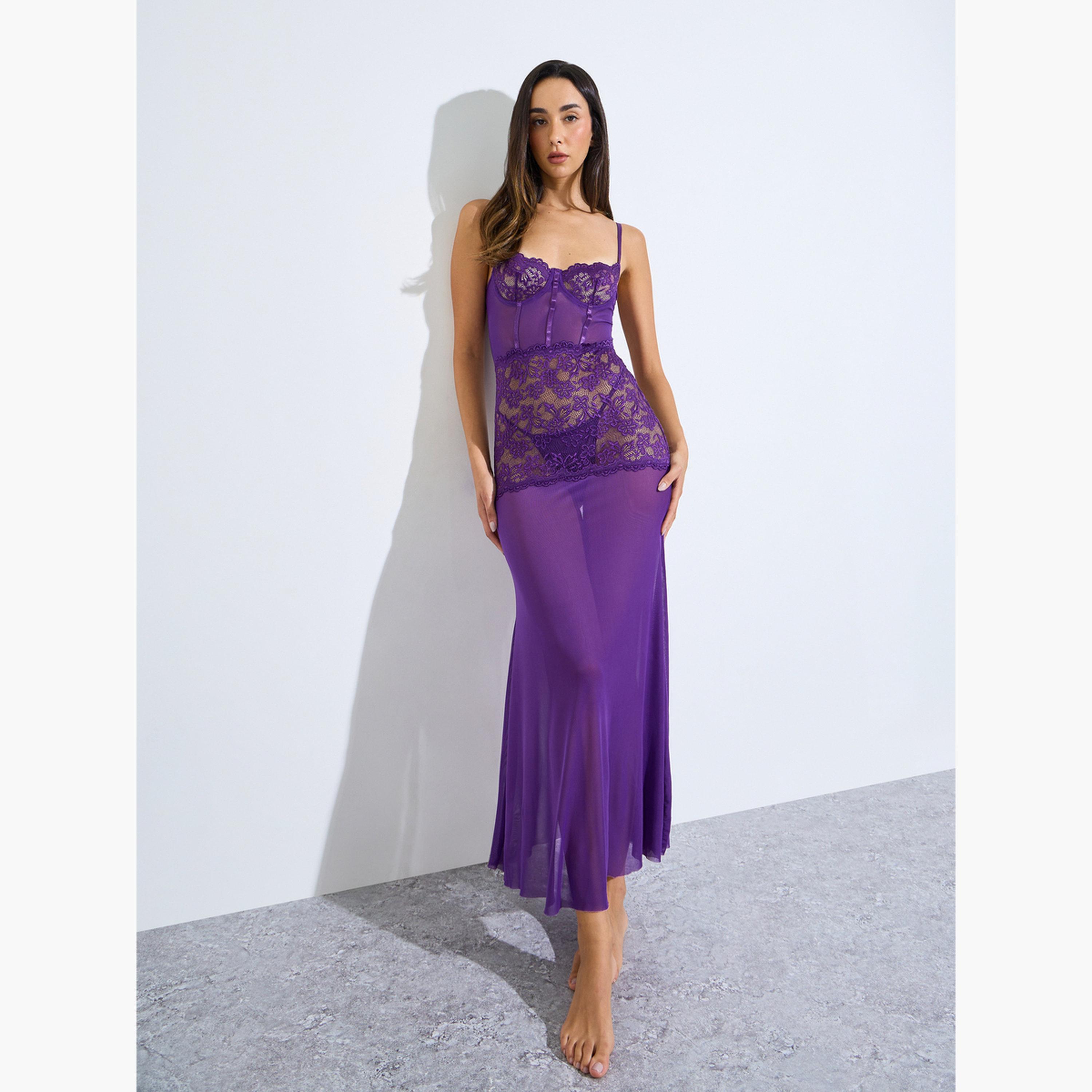 فستان طويل داخلي كورسيه بسلك علوي مع أجزاء شبكية وسروال داخلي-women-clothing-lingerie-babydollsandbodysuits-image-1