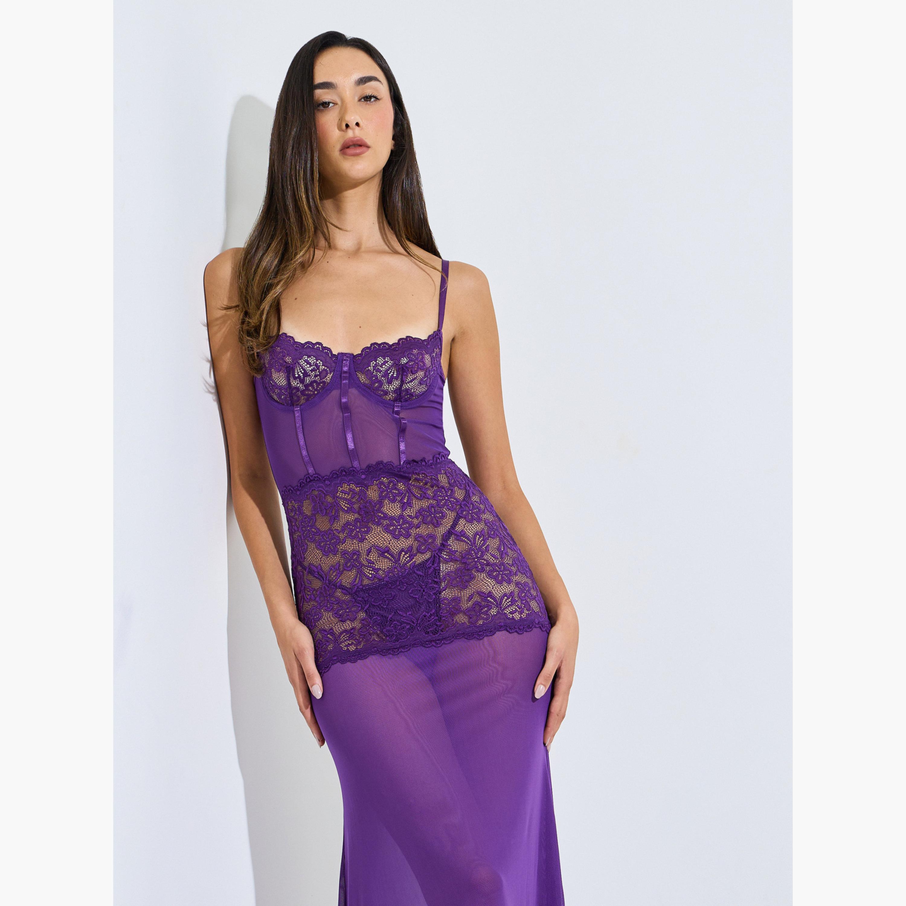 فستان طويل داخلي كورسيه بسلك علوي مع أجزاء شبكية وسروال داخلي-women-clothing-lingerie-babydollsandbodysuits-image-2
