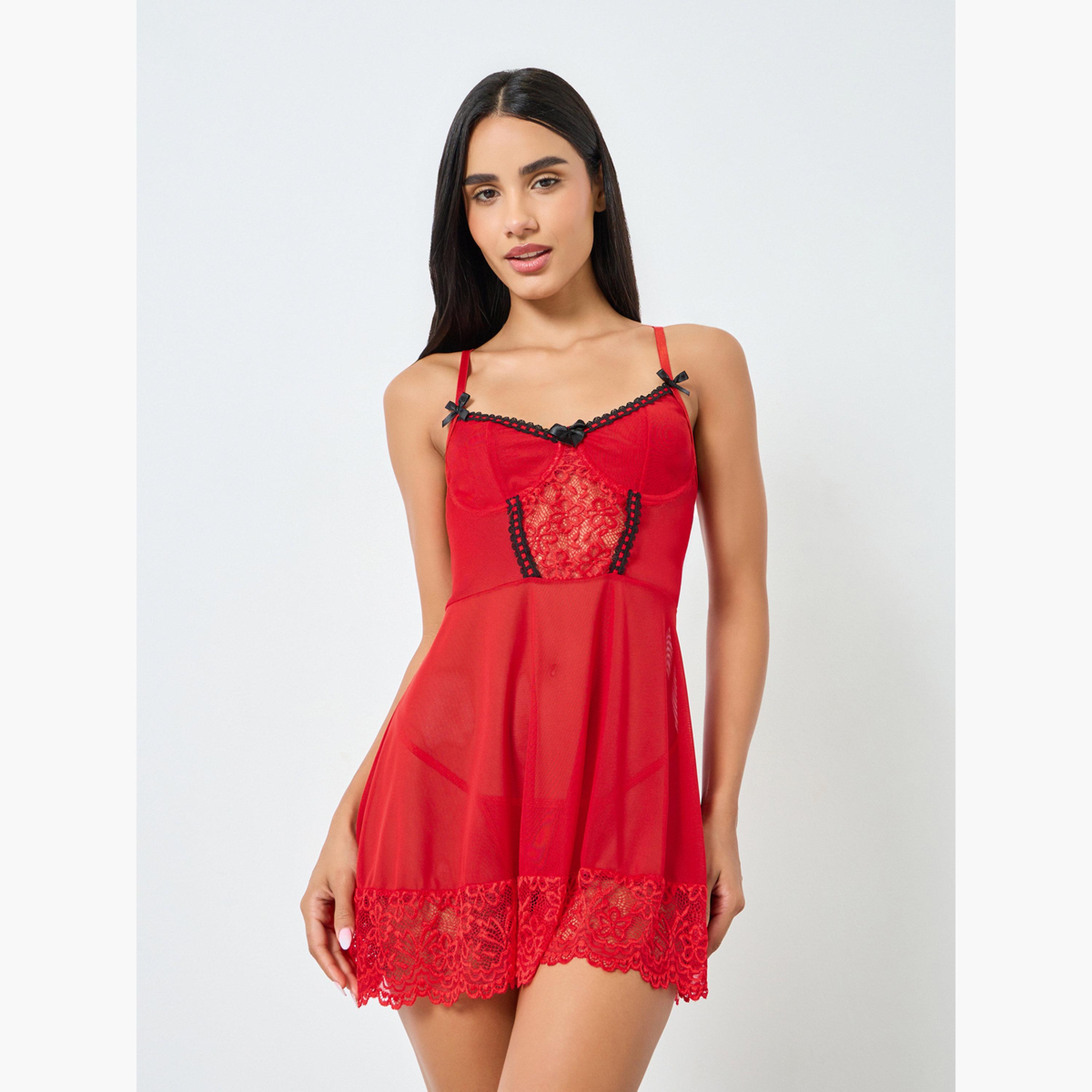 Styli Lace Mesh Panel Underwired Babydoll with Brief and Stockings-women-clothing-lingerie-lingeriesets-image-1