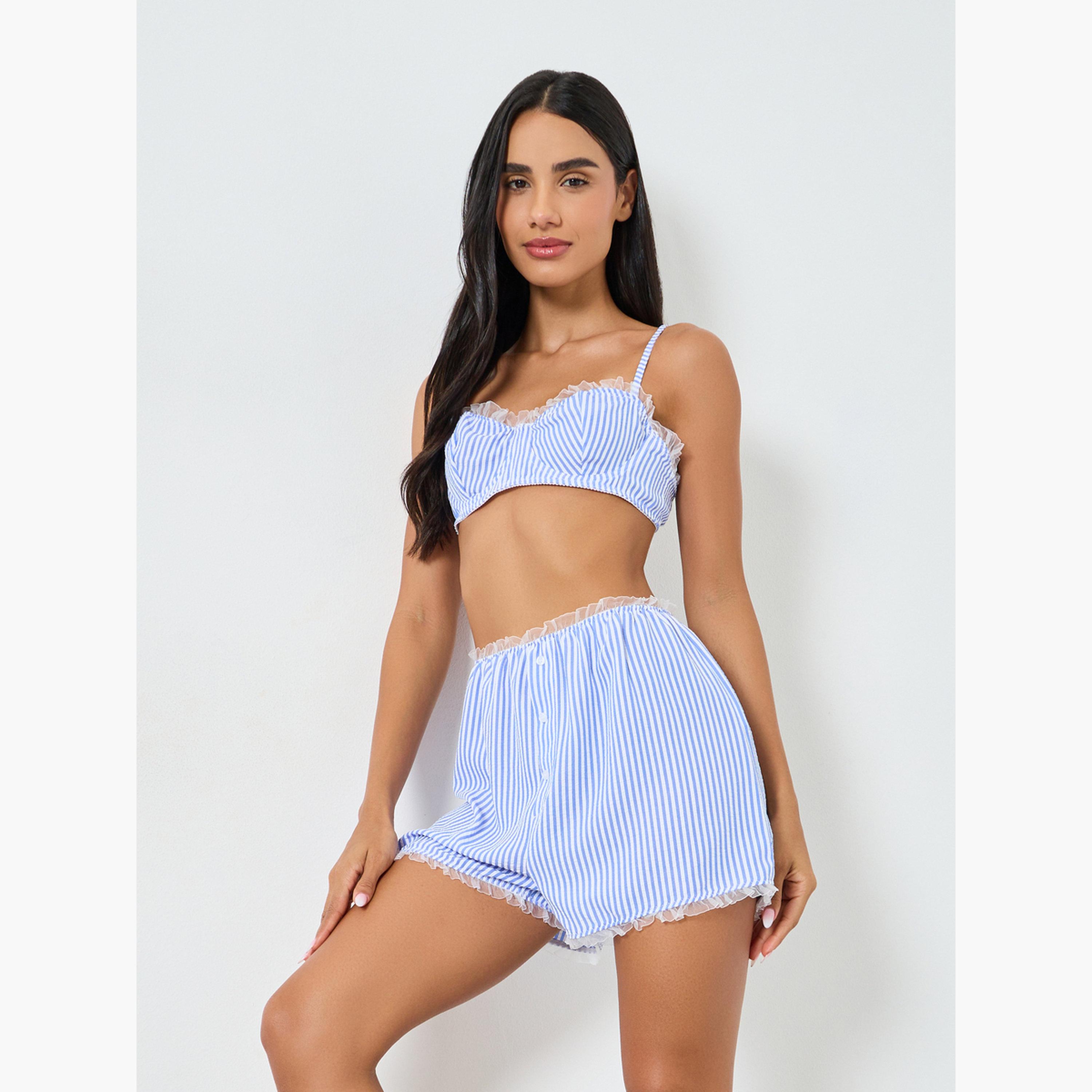 Styli Striped Seersucker Non Padded Wired Balconette Bra and Boxer Shorts Set-women-clothing-lingerie-lingeriesets-image-1