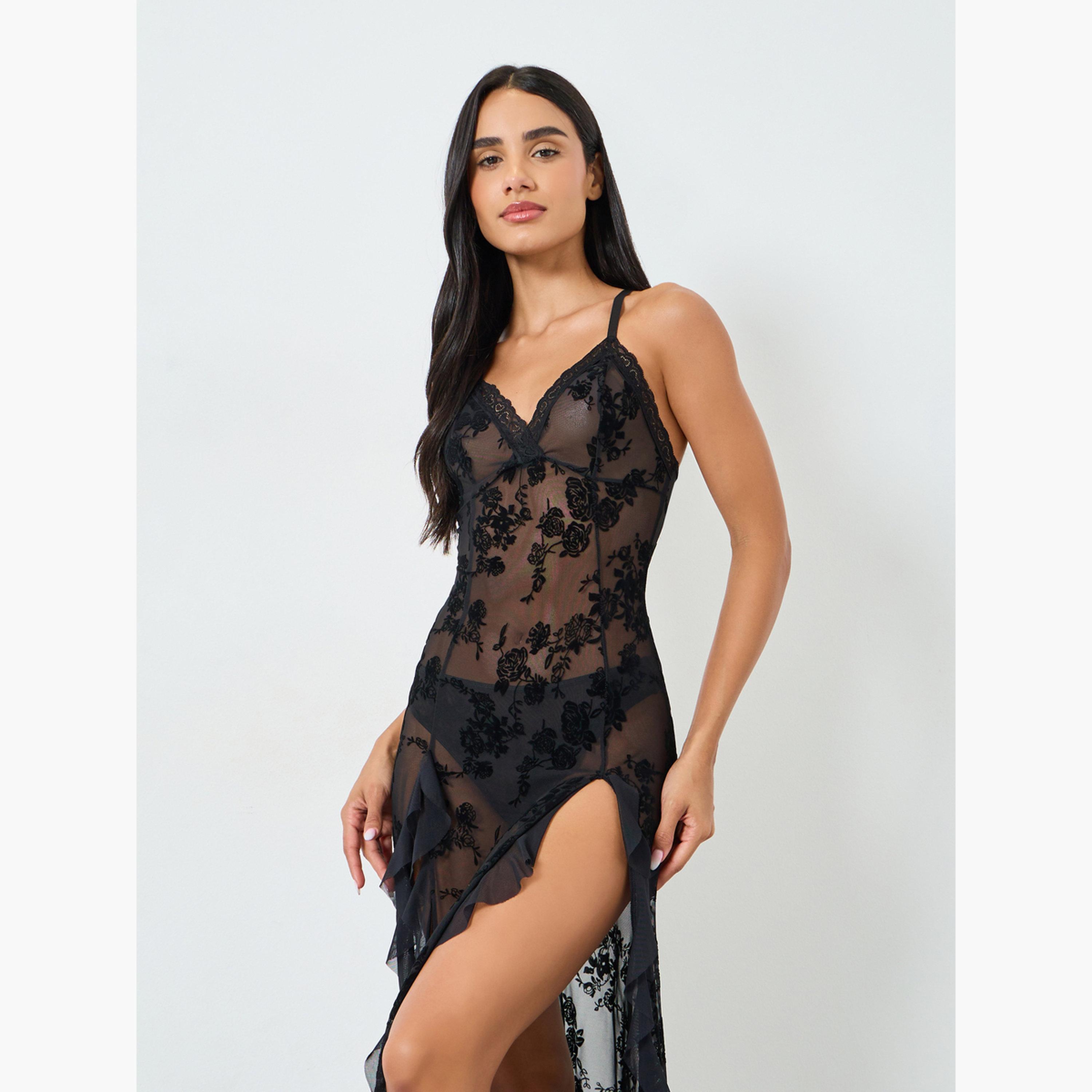 Styli Floral Mesh Ruffled Detail Slipdress with Brief-women-clothing-lingerie-lingeriesets-image-3