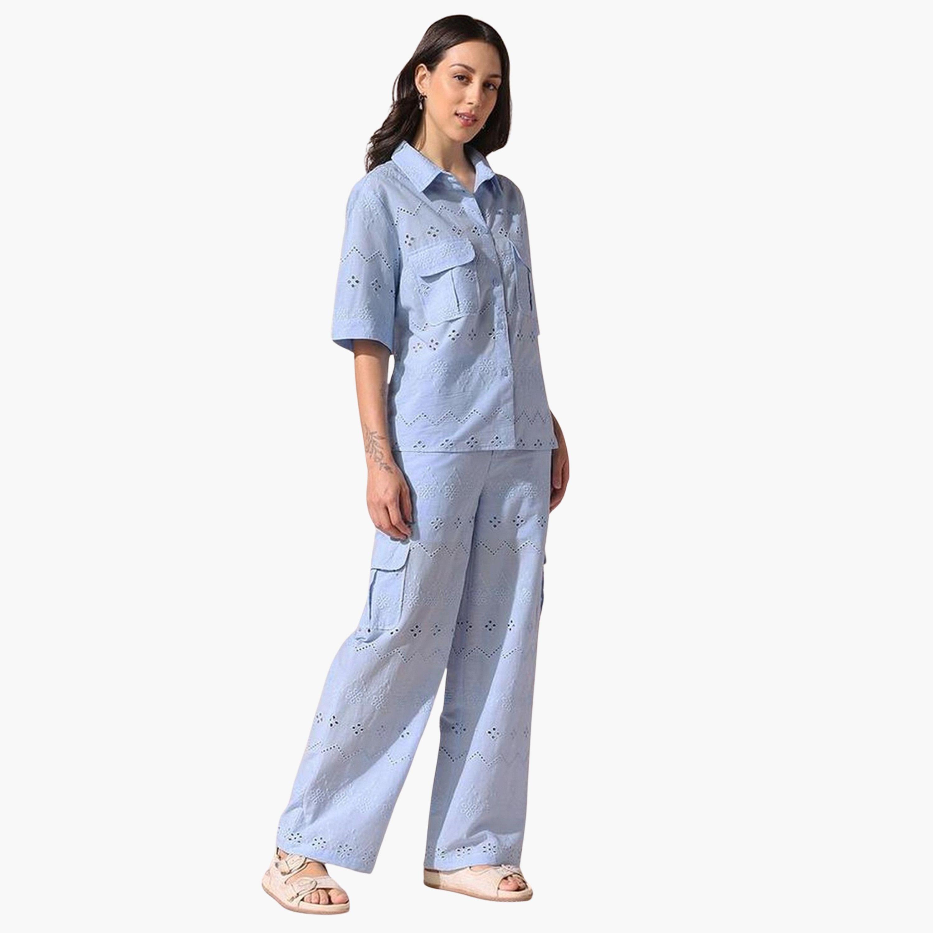 Dennis Lingo Schiffli Cotton Shirt and Pants Co-Ords-women-clothing-coordsets-image-1