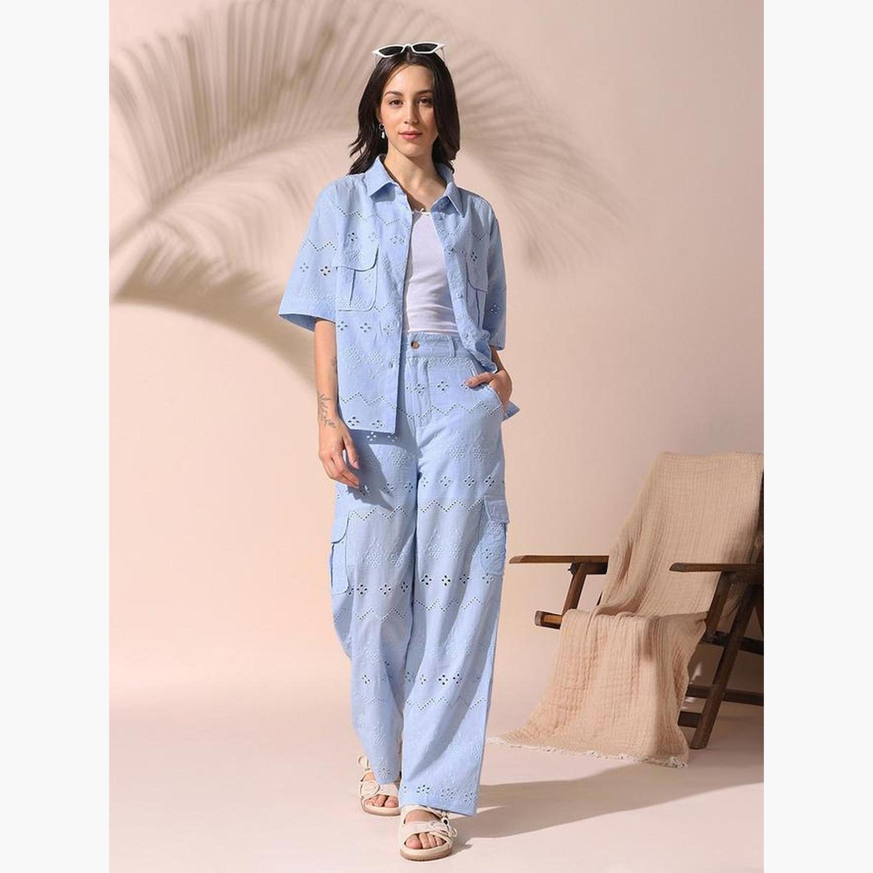 Dennis Lingo Schiffli Cotton Shirt and Pants Co-Ords-women-clothing-coordsets-image-2