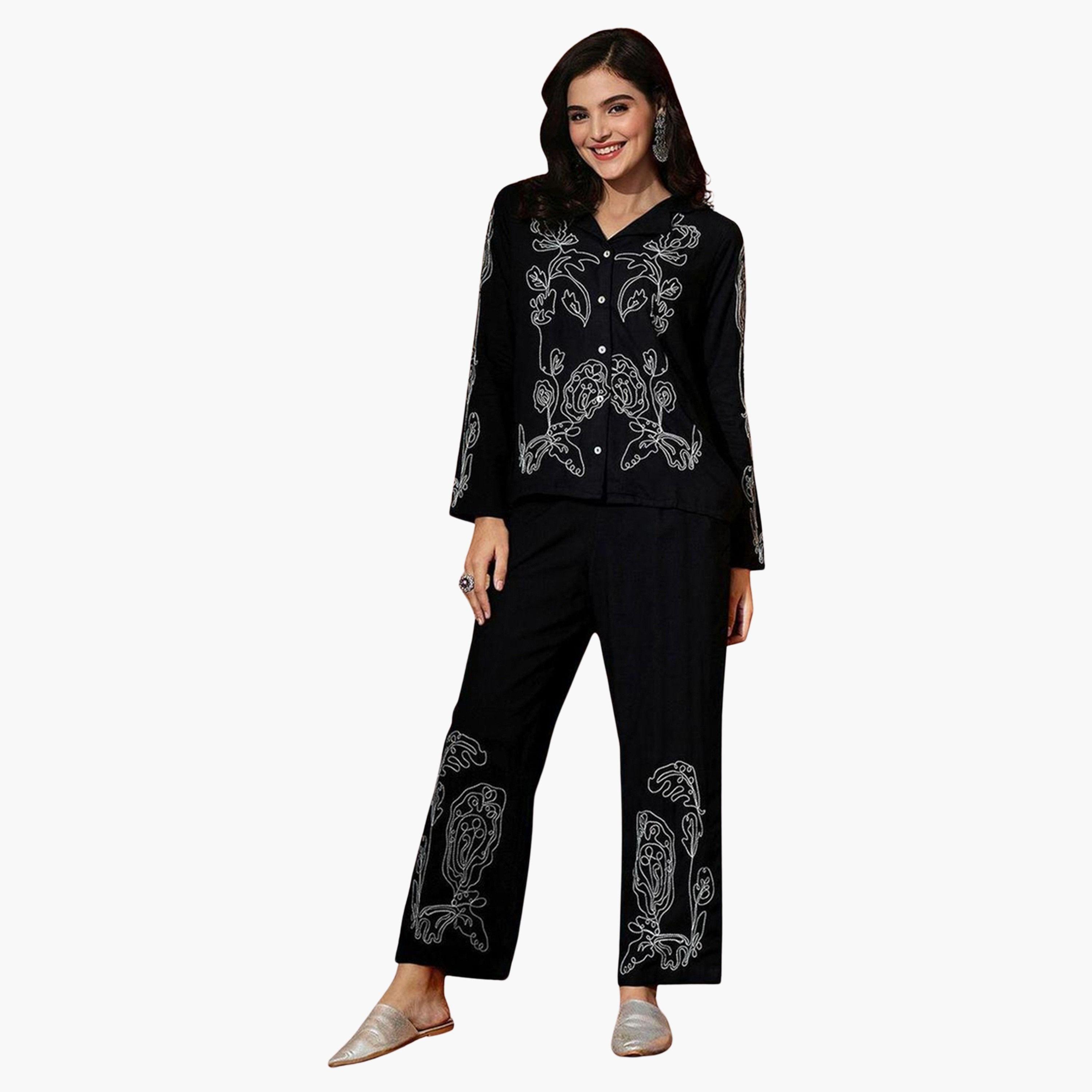 إيشين - قميص وبنطال مطرزان لون أسود-women-clothing-coordsets-image-1